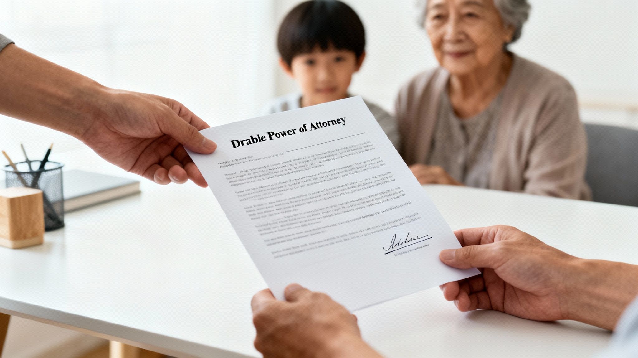 Hands exchanging a 'Durable Power of Attorney' document, with an elderly woman and child in the background.
