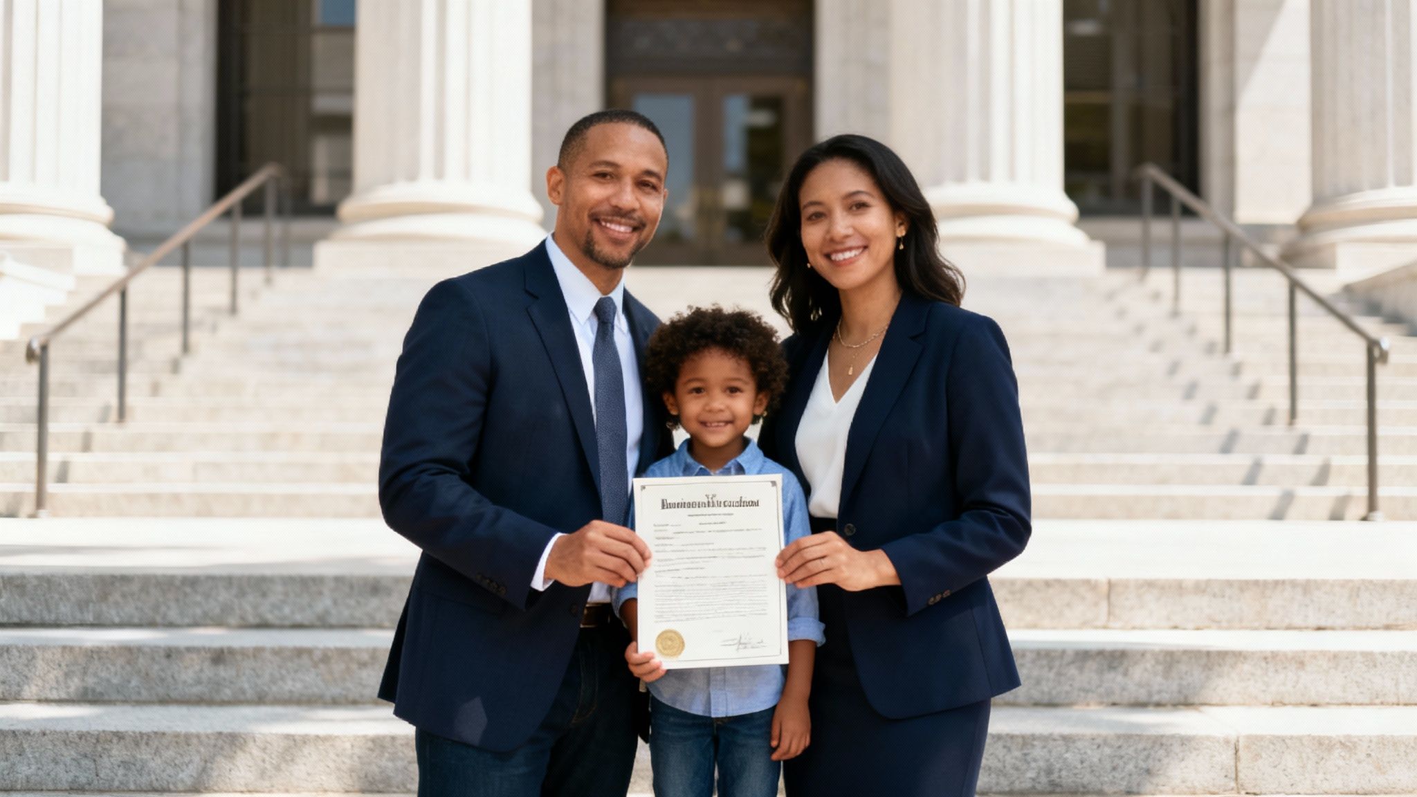 Happy family holding adoption certificate on courthouse steps after finalizing Texas adoption process