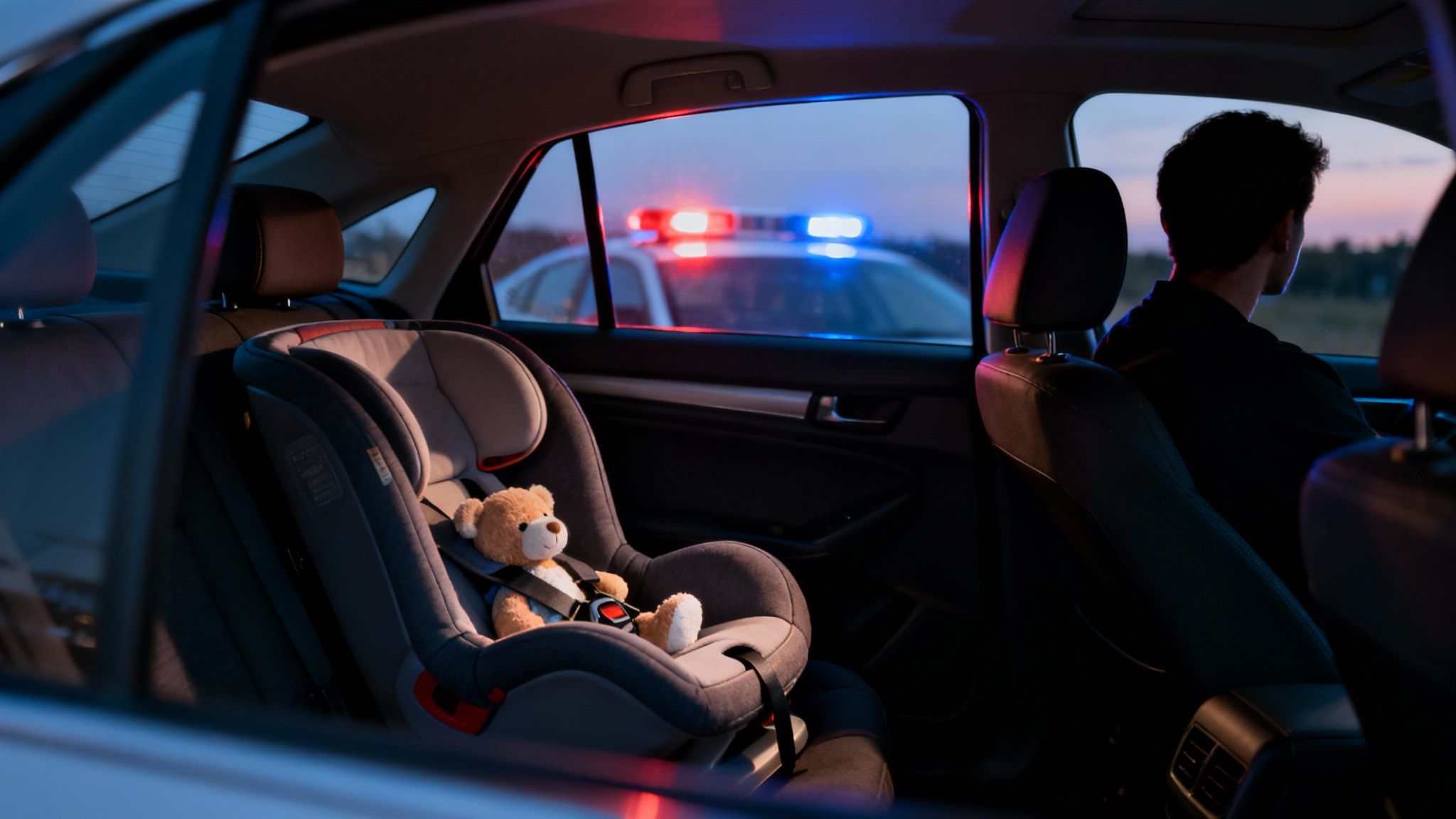 A teddy bear sits in a child car seat inside a vehicle, with police lights in the background.