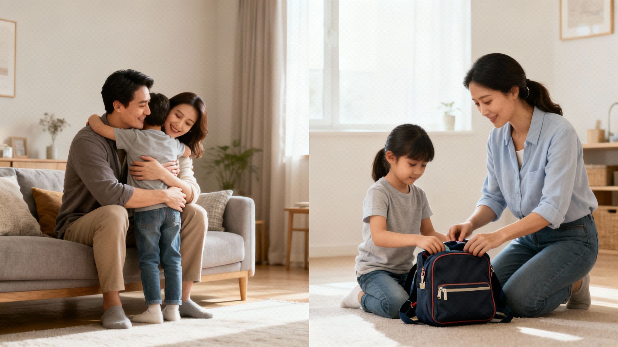 Happy Asian family embracing on a sofa, and a mother with her daughter packing a backpack together.