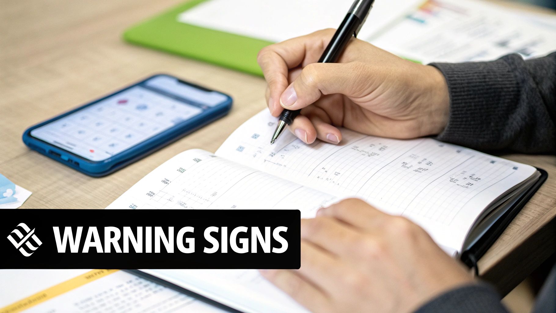A person is writing notes in a planner with a pen, with a smartphone and "WARNING SIGNS" overlay.
