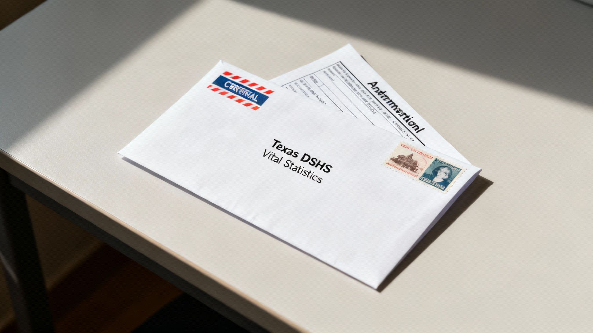 Certified mail envelope from Texas DSHS containing vital statistics documentation with postage stamps