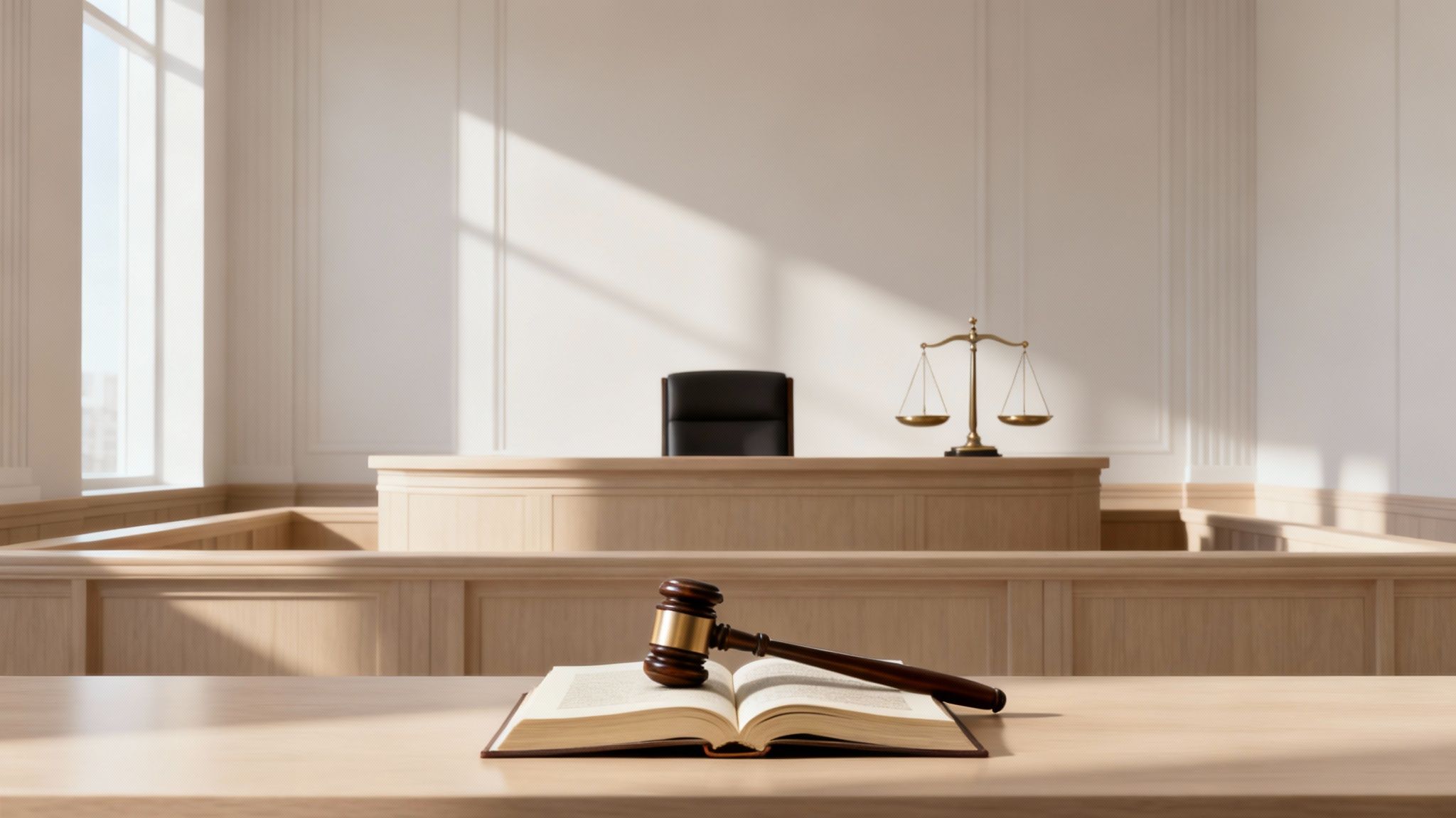 A gavel resting on a law book inside a formal courtroom, representing the authority of divorce litigation.