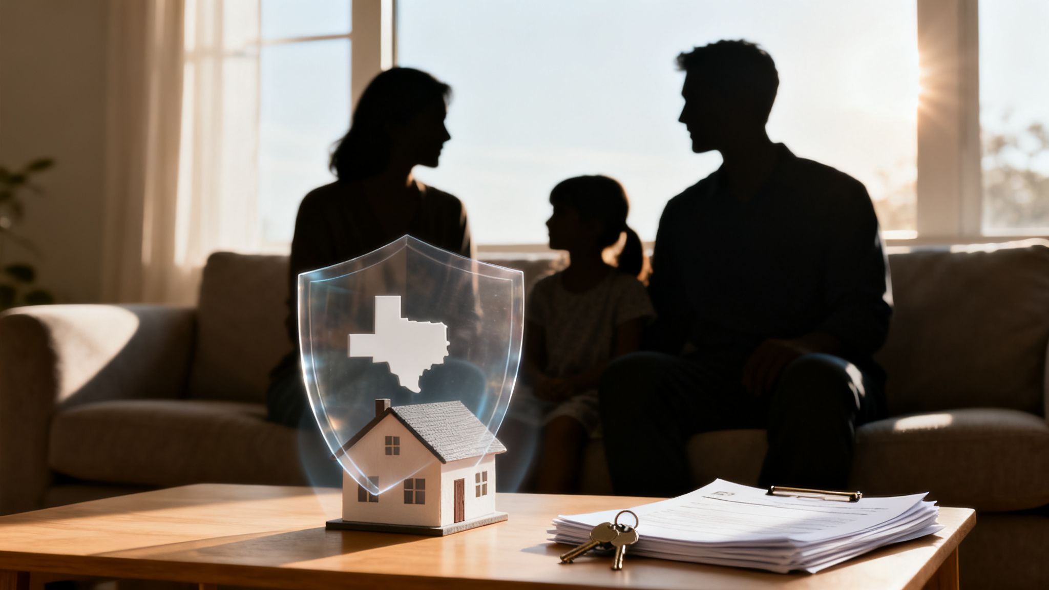 Silhouetted family on couch with model home and glowing Texas shield on table, representing home protection.