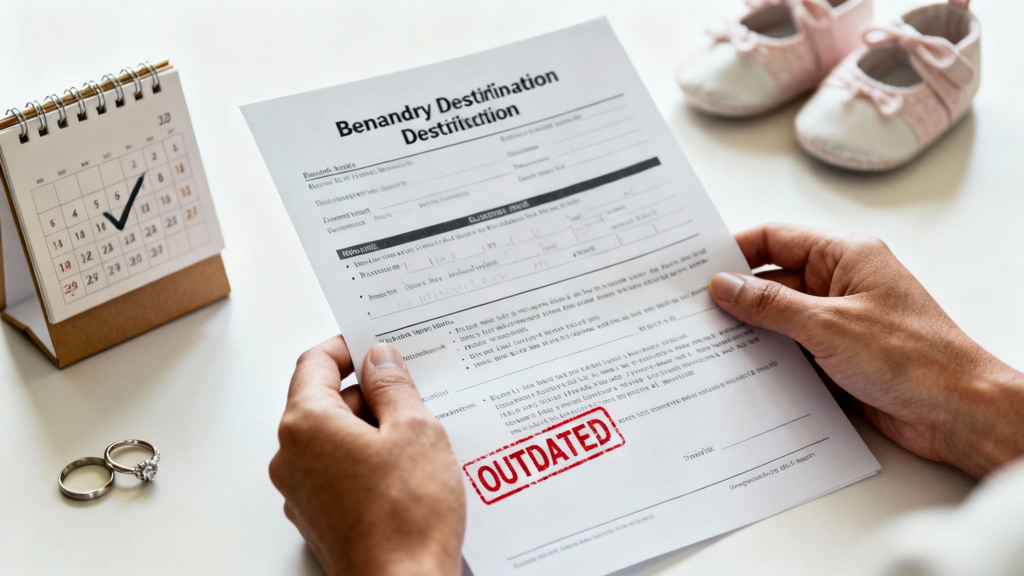 Document labeled "OUTDATED" regarding beneficiary designation, with a calendar and wedding rings in the background, emphasizing the importance of updated estate planning.