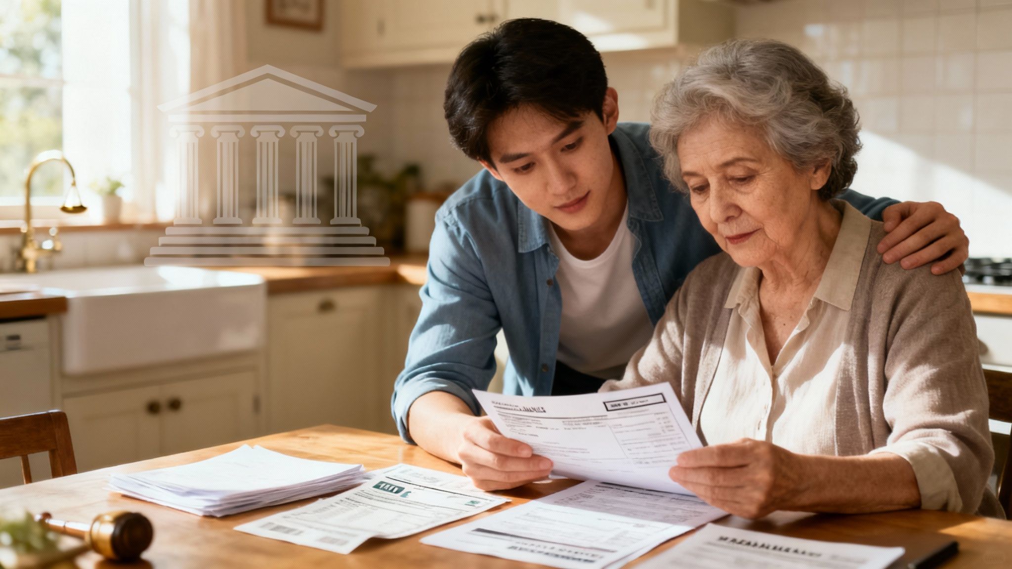 A judge's gavel rests on a law book in a courtroom setting.