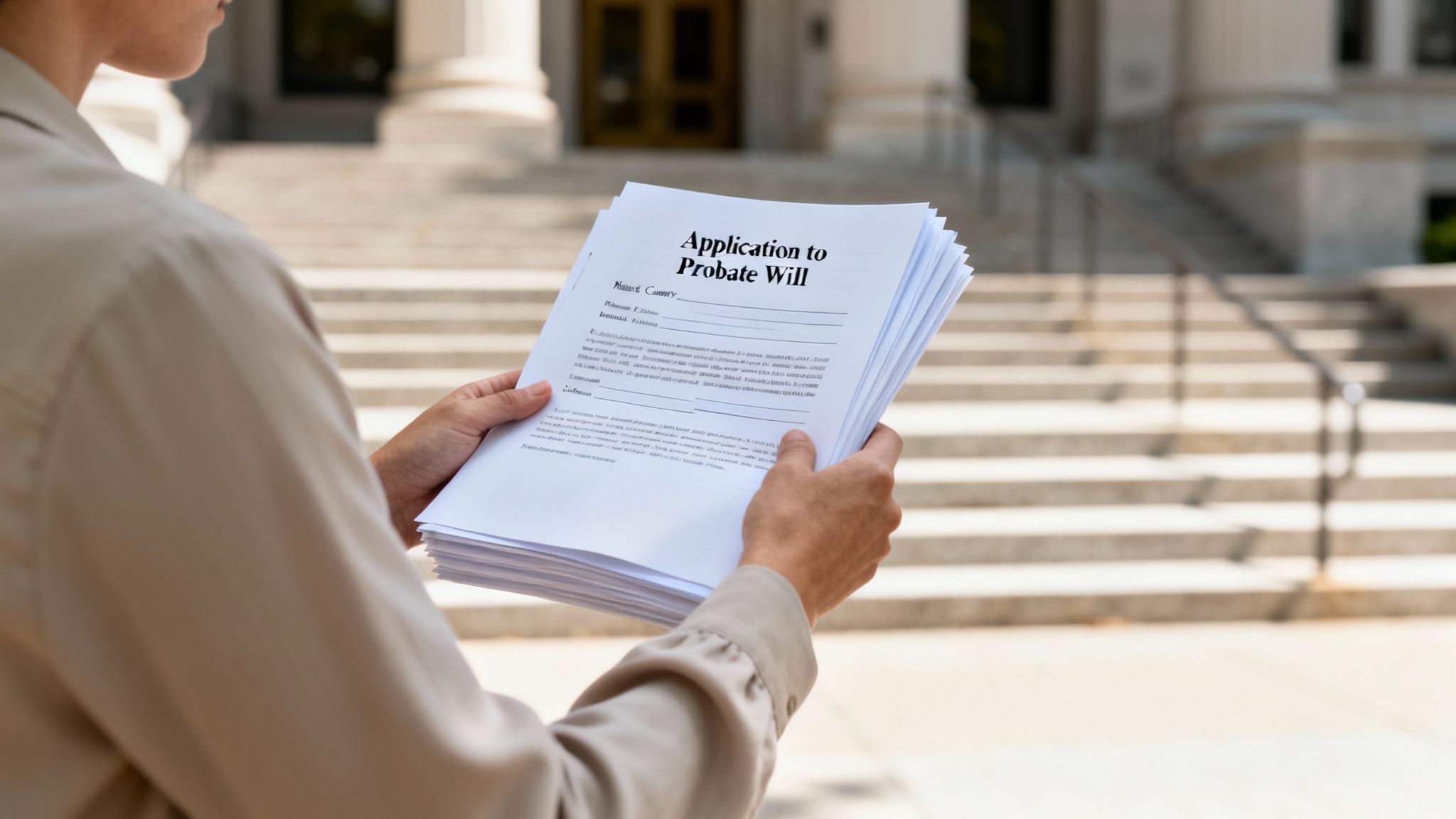 Person holding an "Application to Probate Will" document outside a courthouse, representing the initiation of the probate process in Texas.