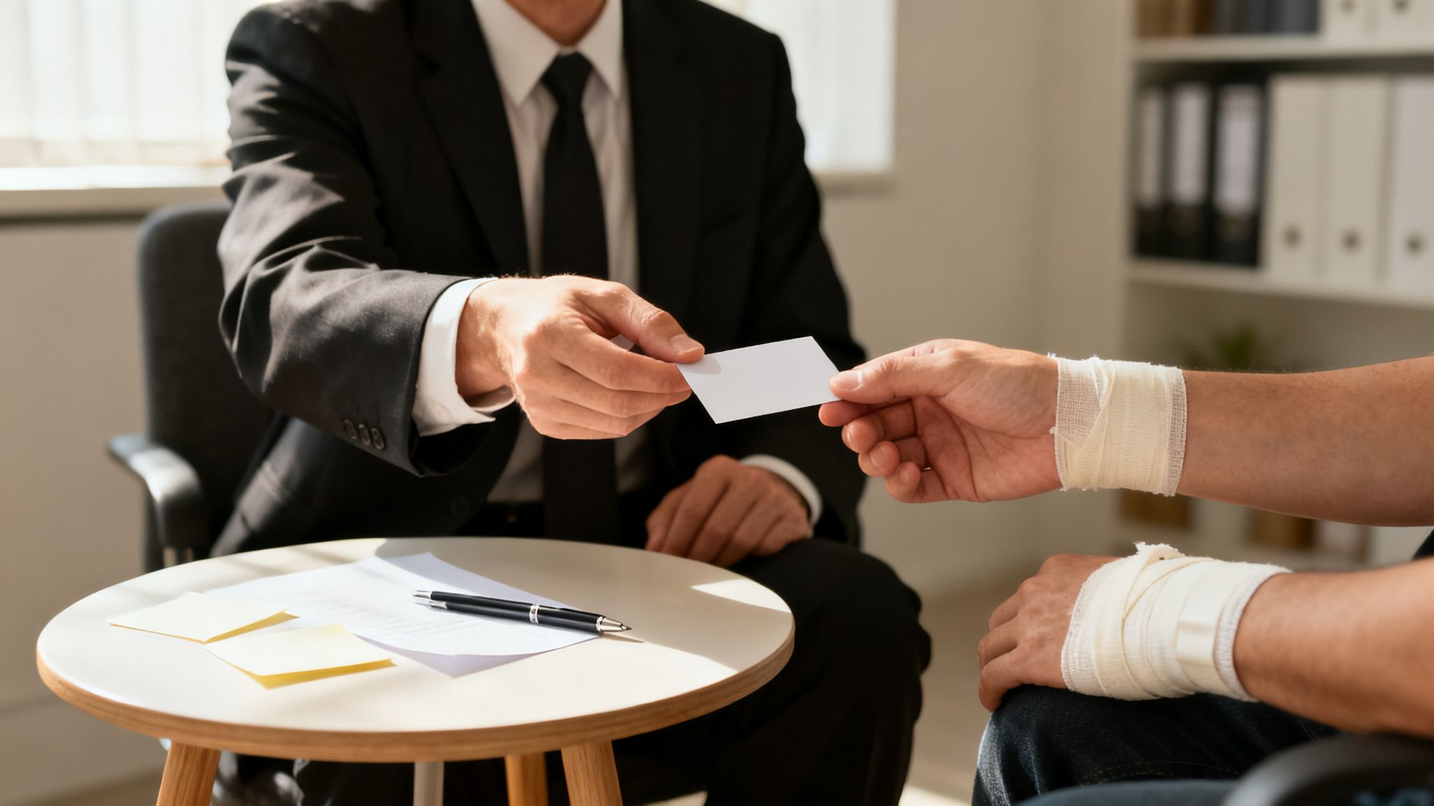 A man in a suit hands a business card to a person with a bandaged arm during a consultation.
