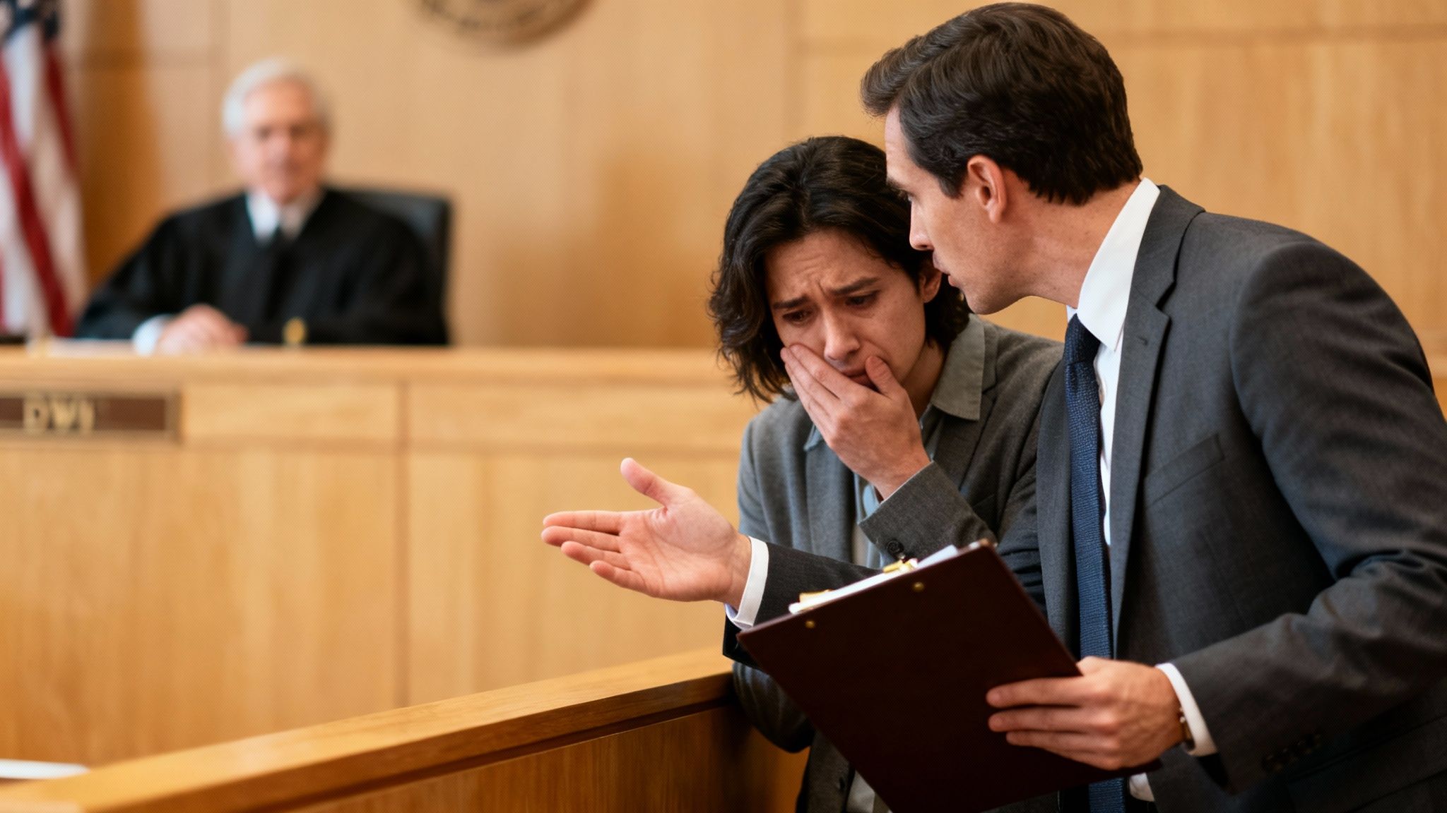 A lawyer speaks to a visibly upset client in a courthouse with a judge blurred in the background.