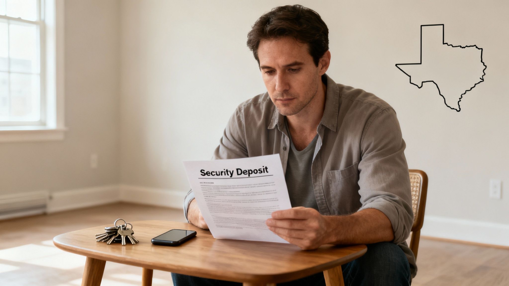Man reviewing a security deposit document while seated at a table, with keys and a smartphone nearby, in a well-lit room, Texas outline in the corner.