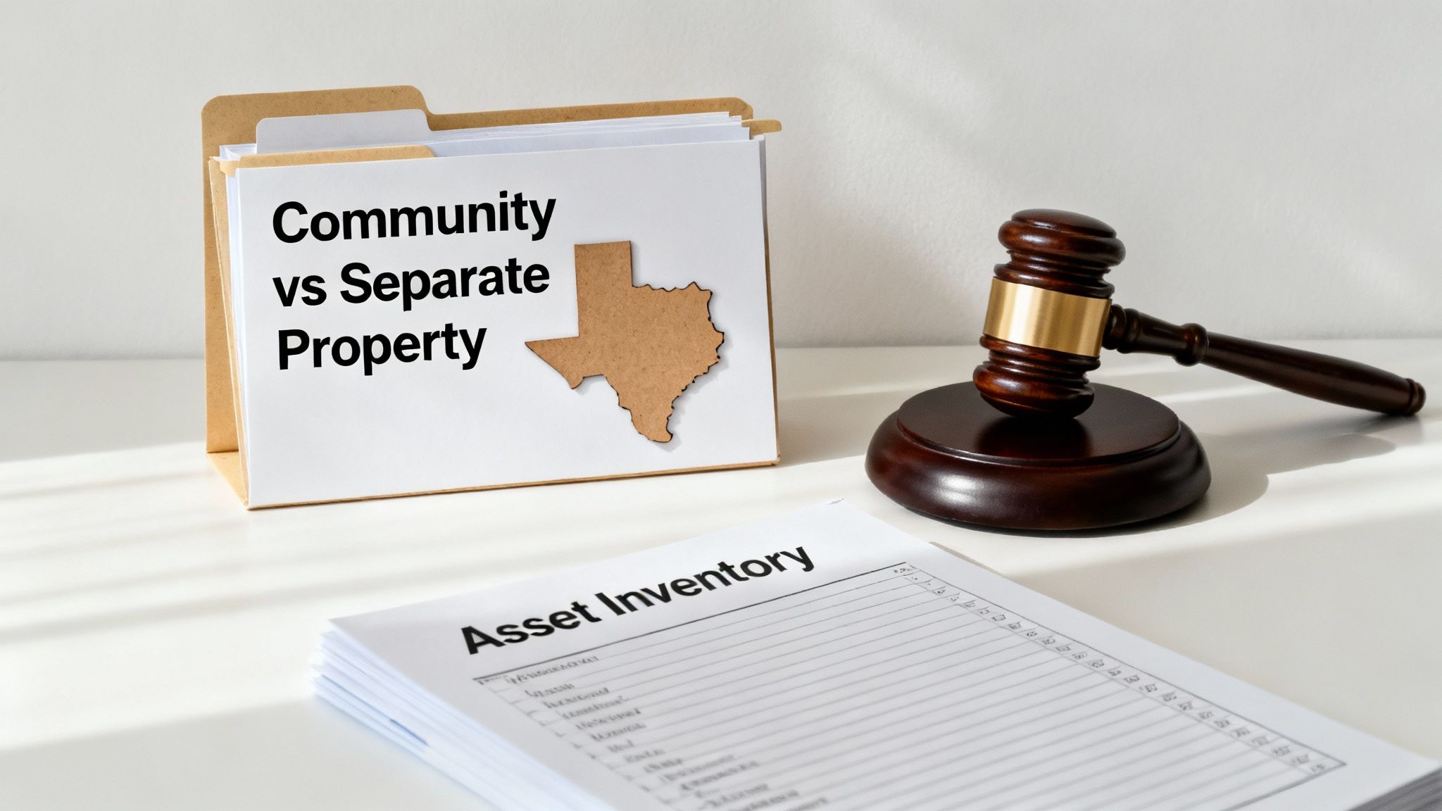 Texas gavel and law book representing community property laws.