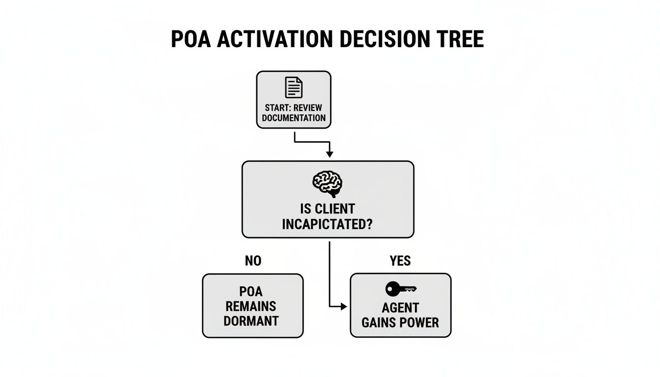 Flowchart illustrating the POA activation decision tree, starting with documentation review and checking client incapacitation.
