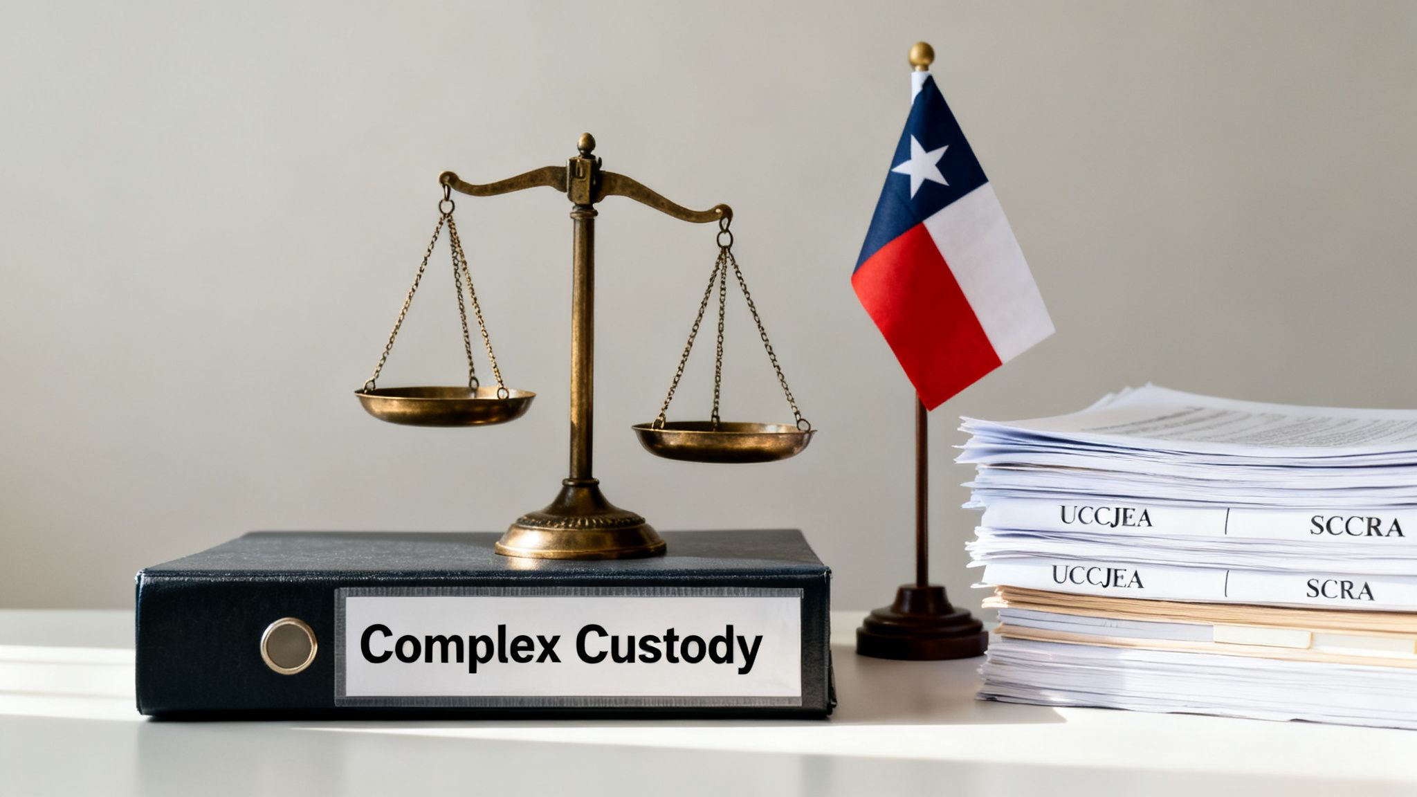 A legal desk setup with a 'Complex Custody' binder, scales of justice, a Texas flag, and stacks of legal documents.