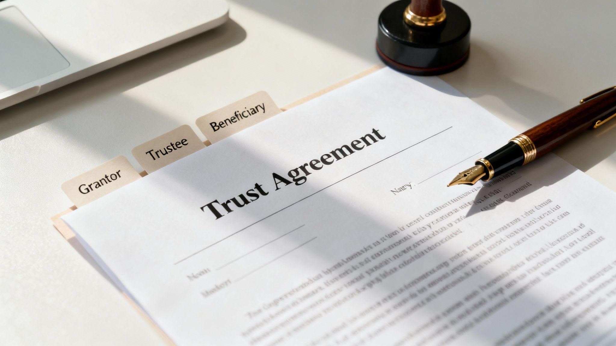 Trust agreement document with fountain pen and labeled tabs for grantor, trustee, and beneficiary roles