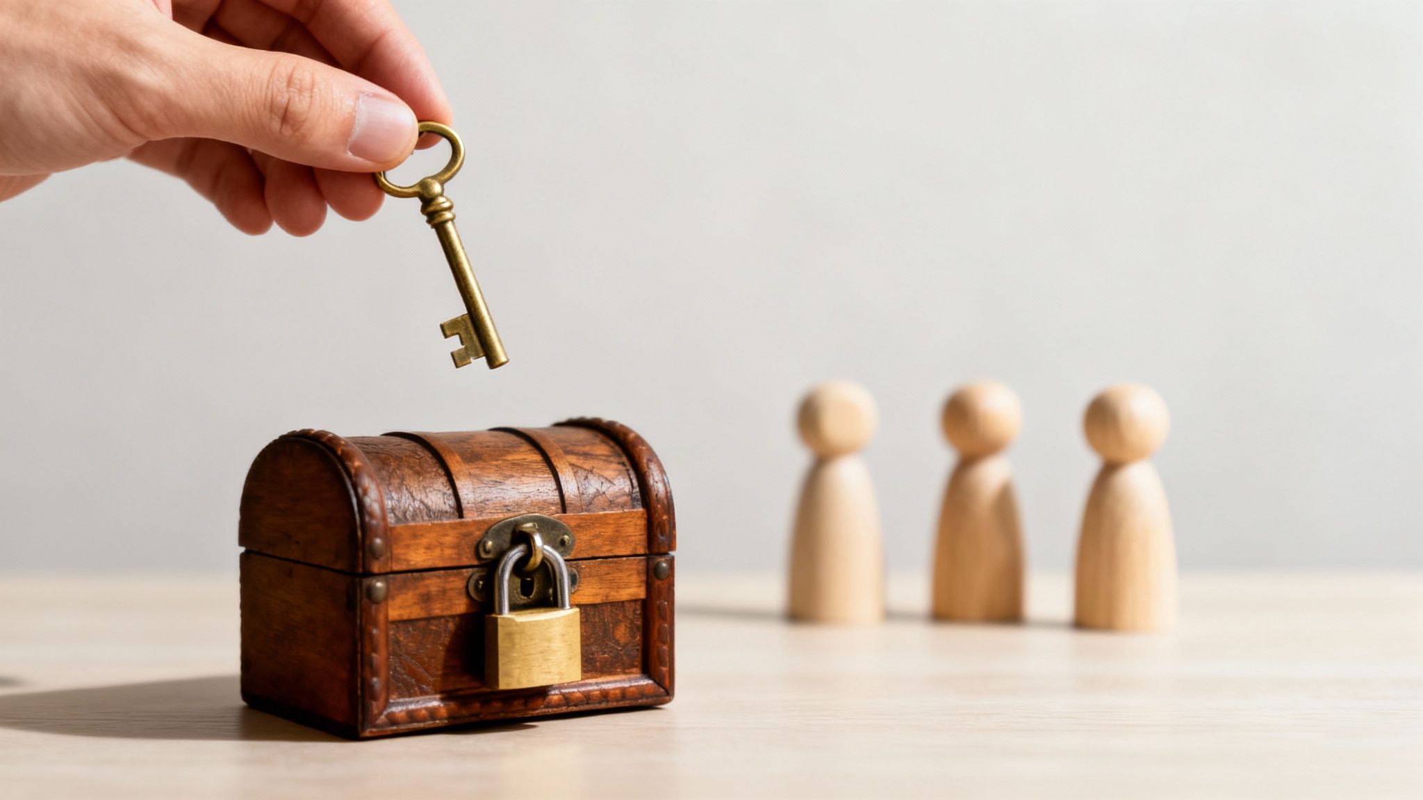 A hand holds a golden key above a locked wooden treasure chest, with three blurred wooden figures.