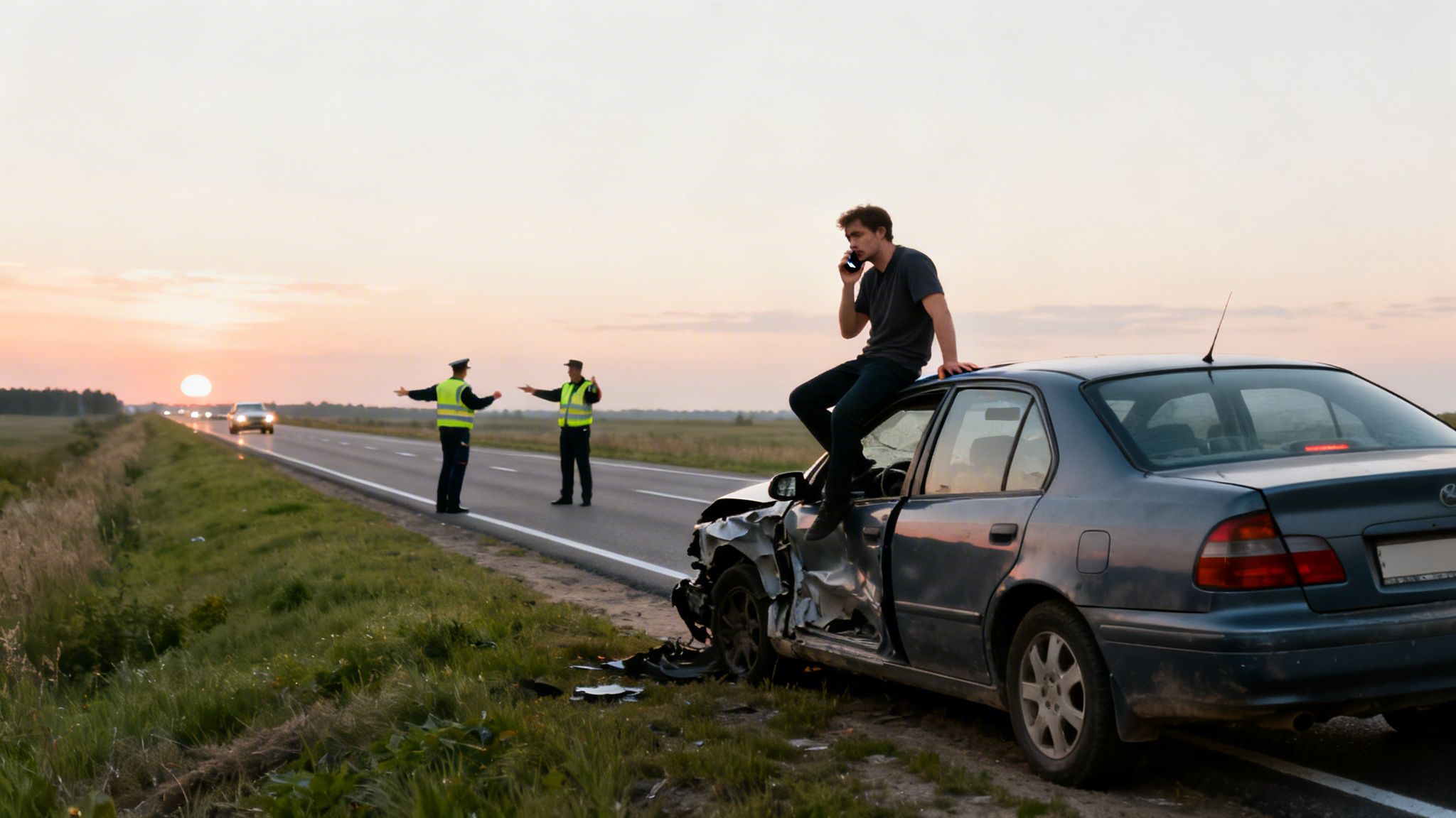 A young man talks on a phone, sitting on a crashed car at a roadside accident with police present at sunset.