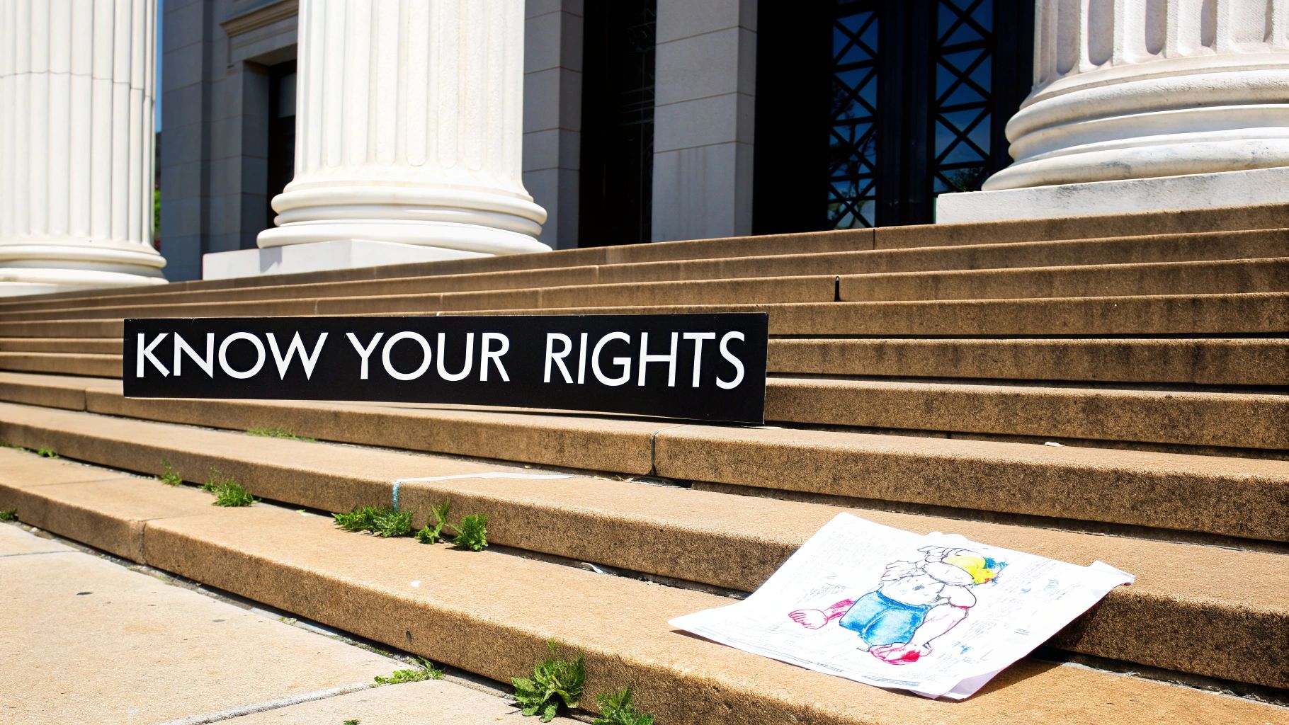 A 'Know Your Rights' sign sits on courthouse steps, with a child's drawing nearby, advocating for legal awareness.