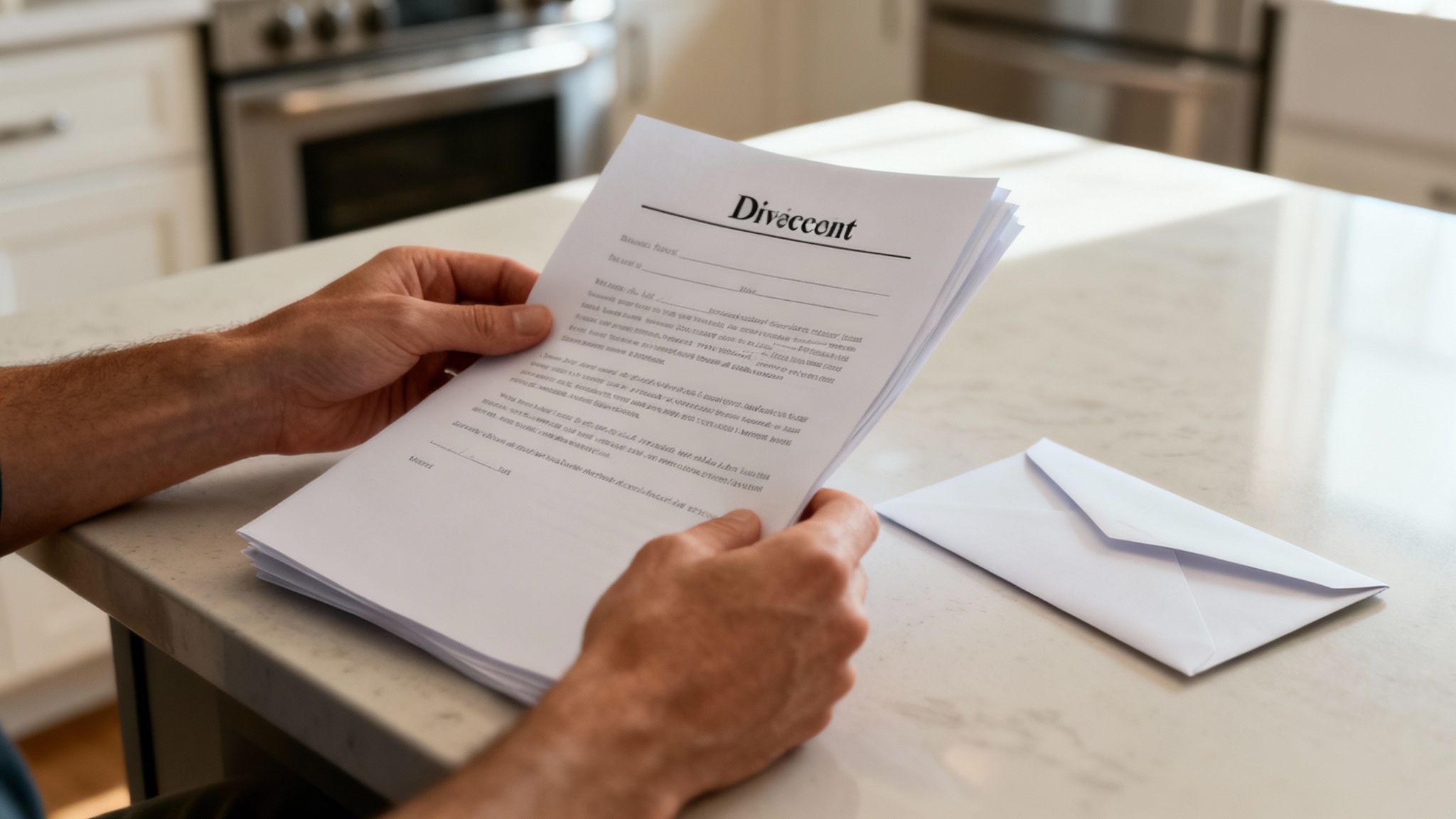 Person holding divorce papers titled "Div&egrave;rc&egrave;nt" on a kitchen countertop, with an envelope nearby, symbolizing the formal response to a divorce petition.