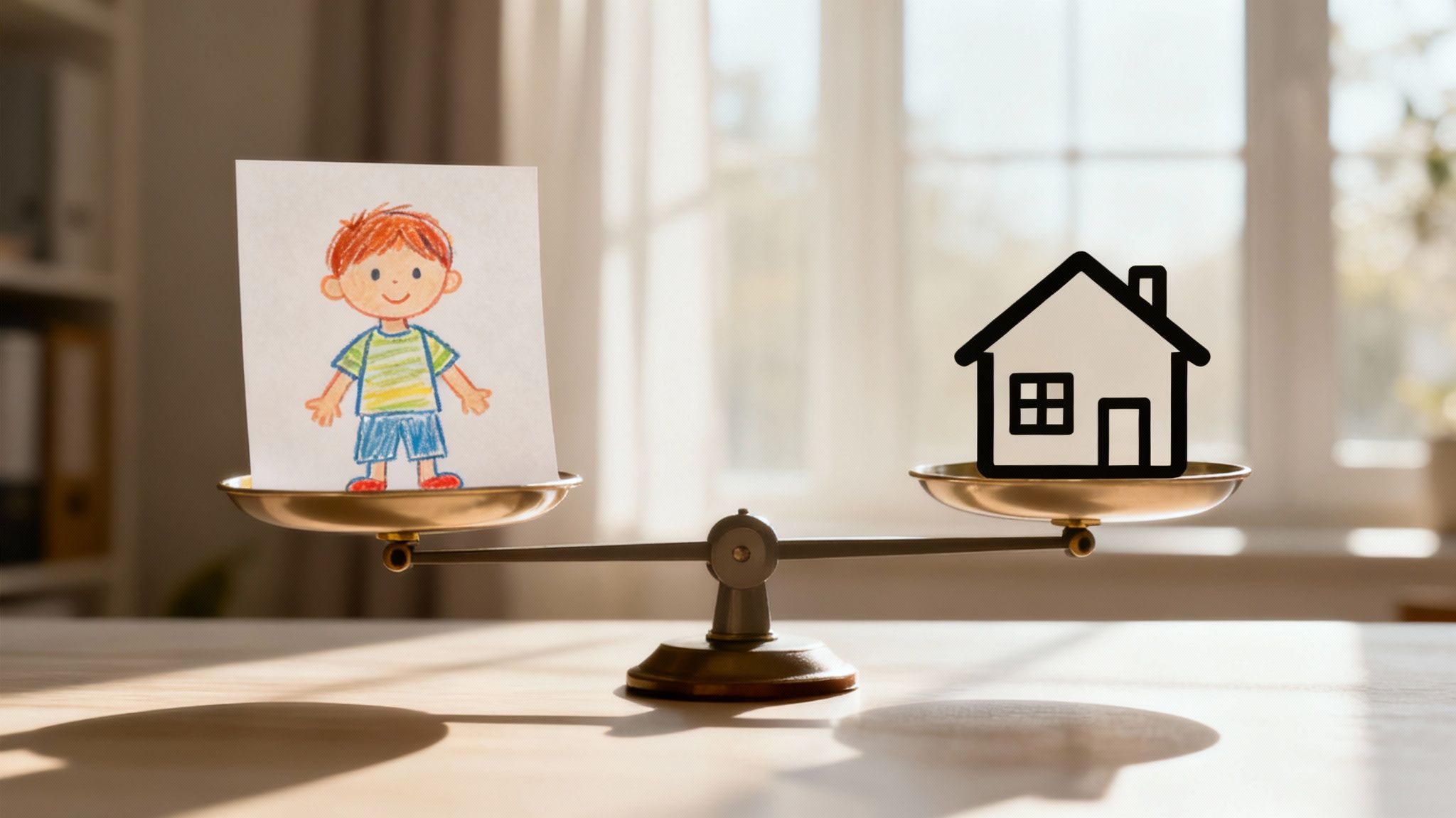 Una balanza de la justicia equilibrando una casa y una figura familiar, simbolizando la división de bienes y las decisiones sobre custodia.