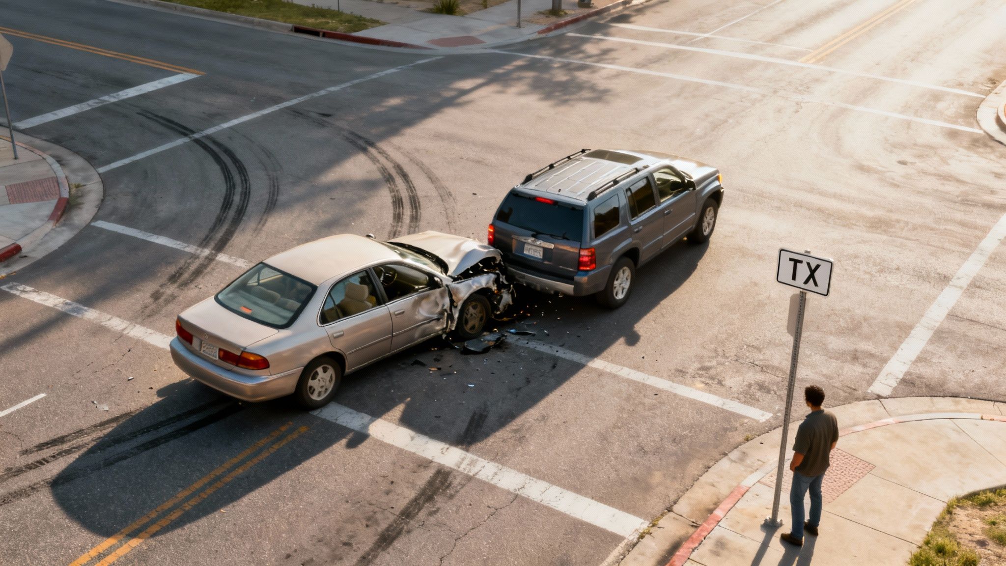 Overhead view of a T-bone car accident between a silver sedan and a dark SUV at an intersection.
