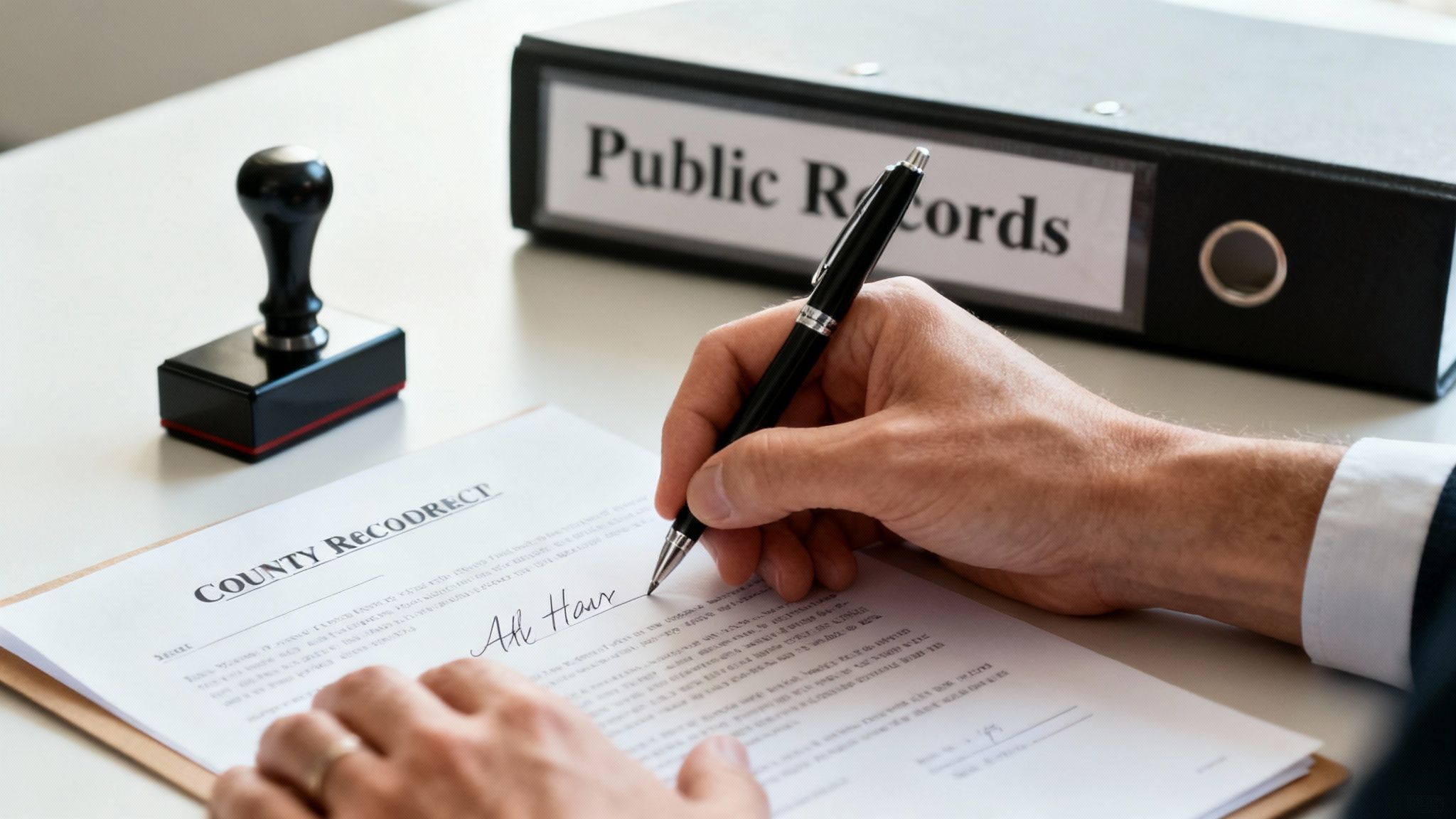 Hand signing an affidavit document with a pen, a notary stamp nearby, and a binder labeled "Public Records," emphasizing the legal process of filing an affidavit of heirship.