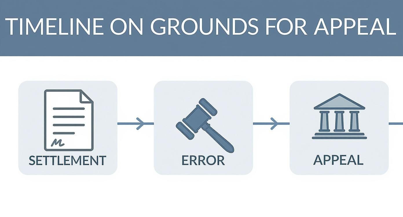 A legal timeline showing the grounds for appeal: Settlement, followed by an Error (gavel), leading to Appeal (courthouse).