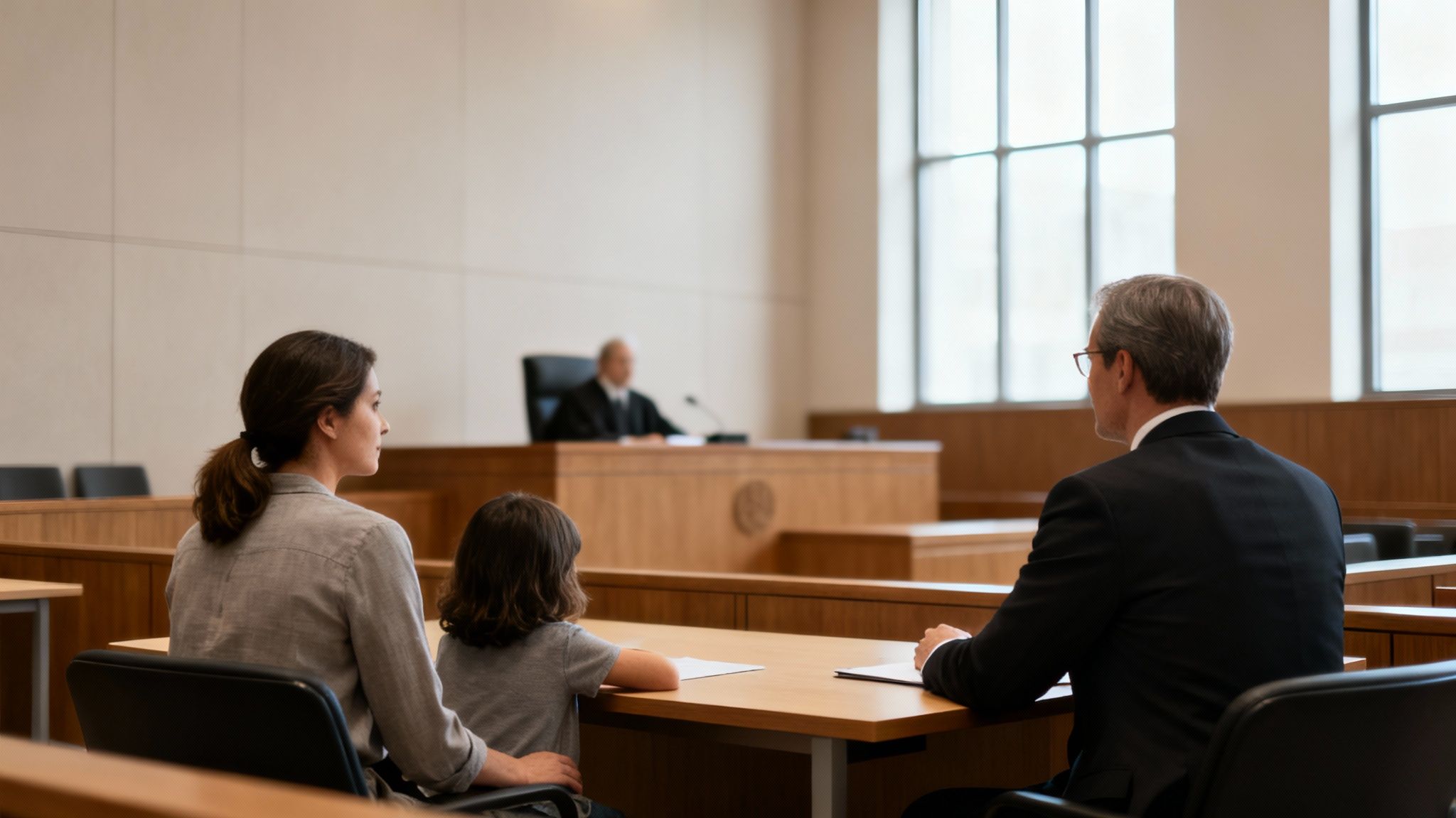 Mother and child with a lawyer in a courtroom facing a judge during a hearing.