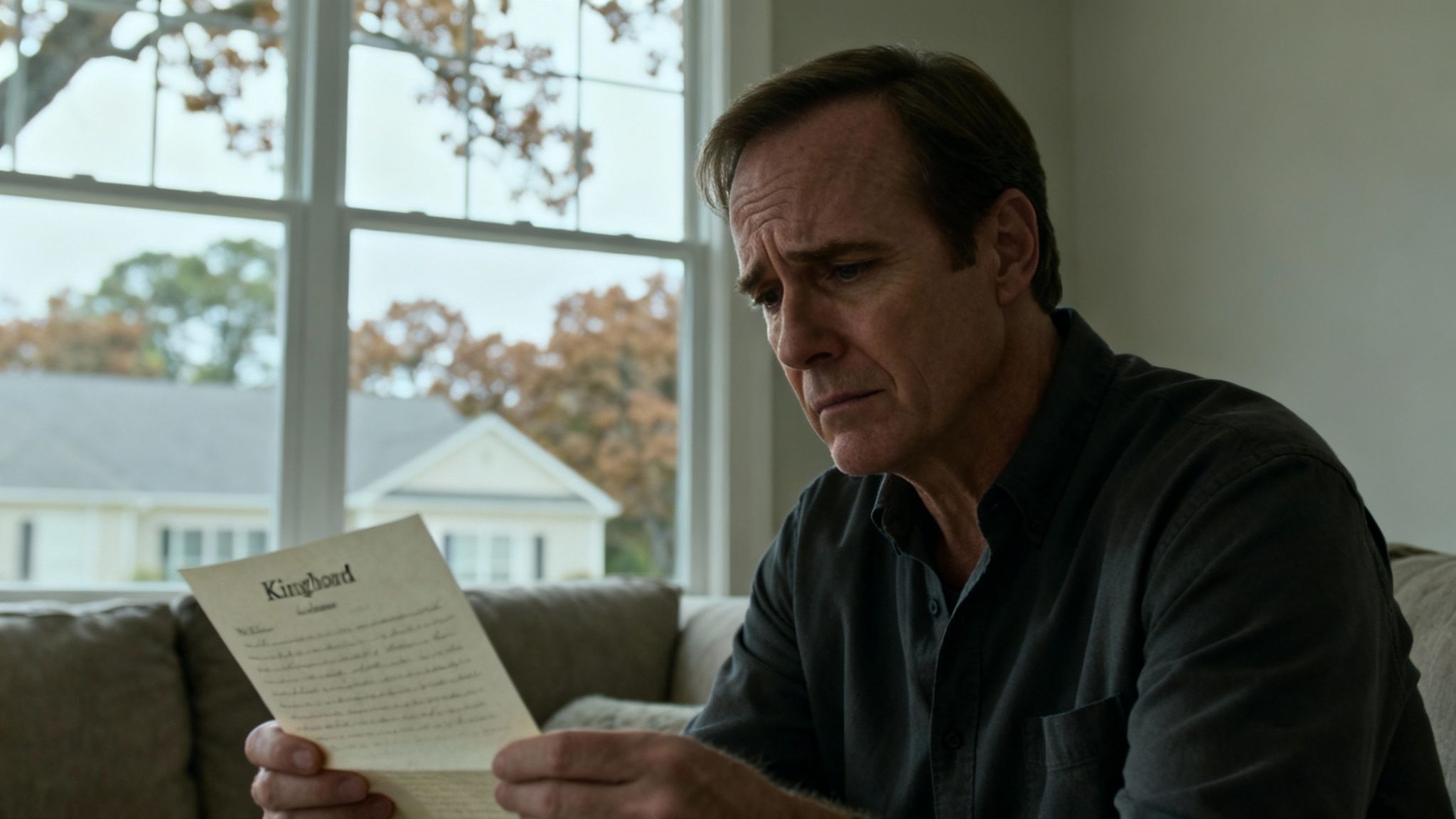 A man intently reads a letter titled 'Kinghoard' while sitting on a couch by a window.