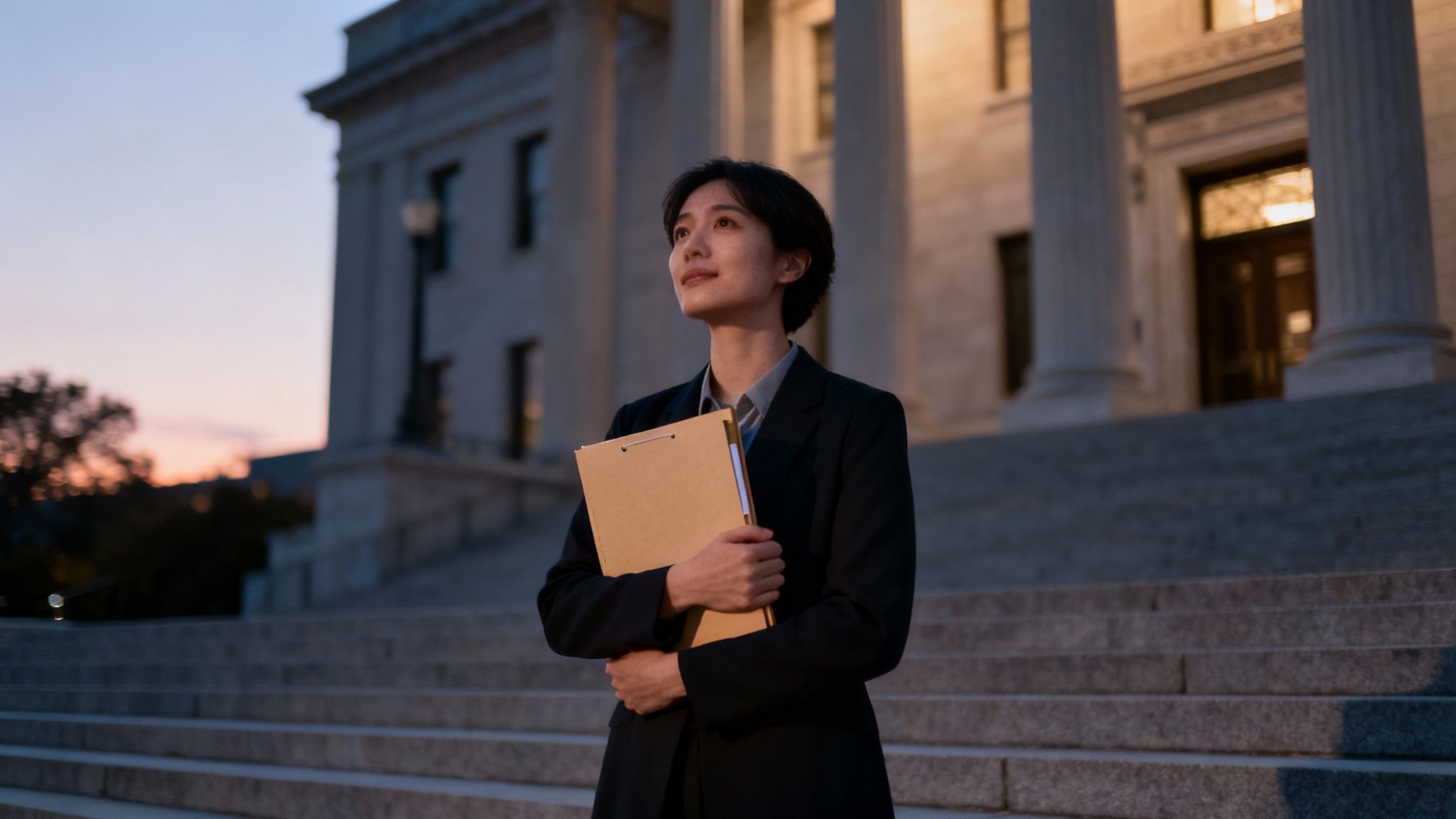 Woman in business attire holding legal documents outside a courthouse, symbolizing legal guidance for deferred adjudication in Texas.