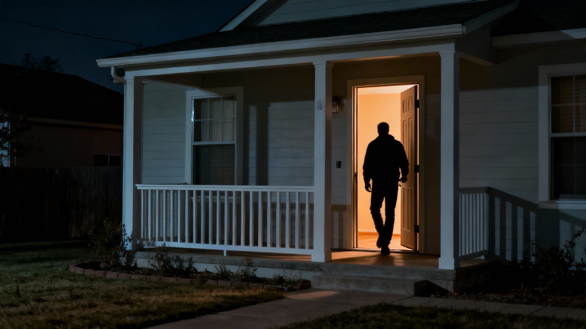 A dimly lit hallway with an open door, suggesting an unauthorized entry.