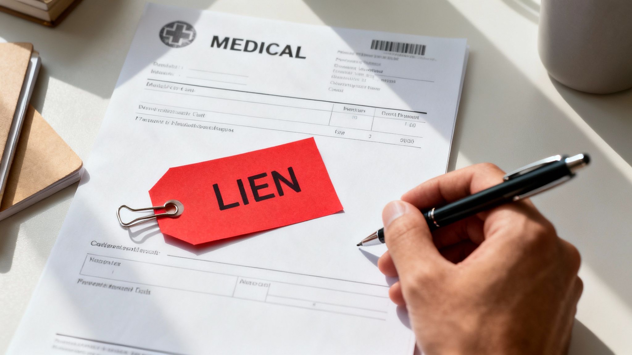 A hand writes on a medical bill with a red tag labeled 'LIEN' clipped to it, signifying a claim.