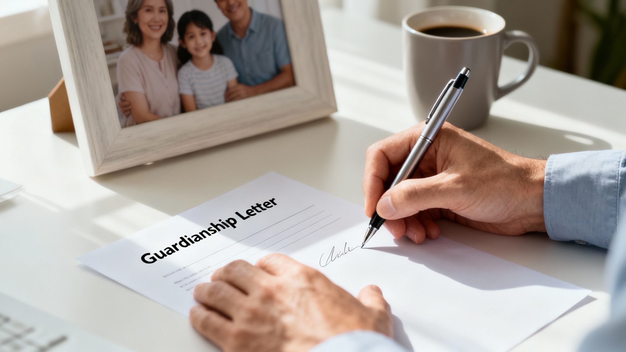 Person signing a guardianship letter on a desk, with a family photo and a coffee mug in the background, symbolizing the emotional and practical aspects of guardianship in Texas.