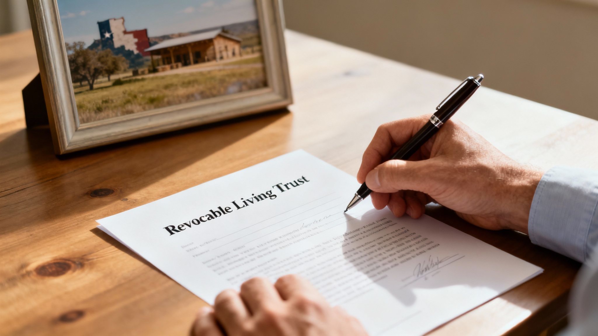 Person signing revocable living trust document with pen on wooden desk with photo frame
