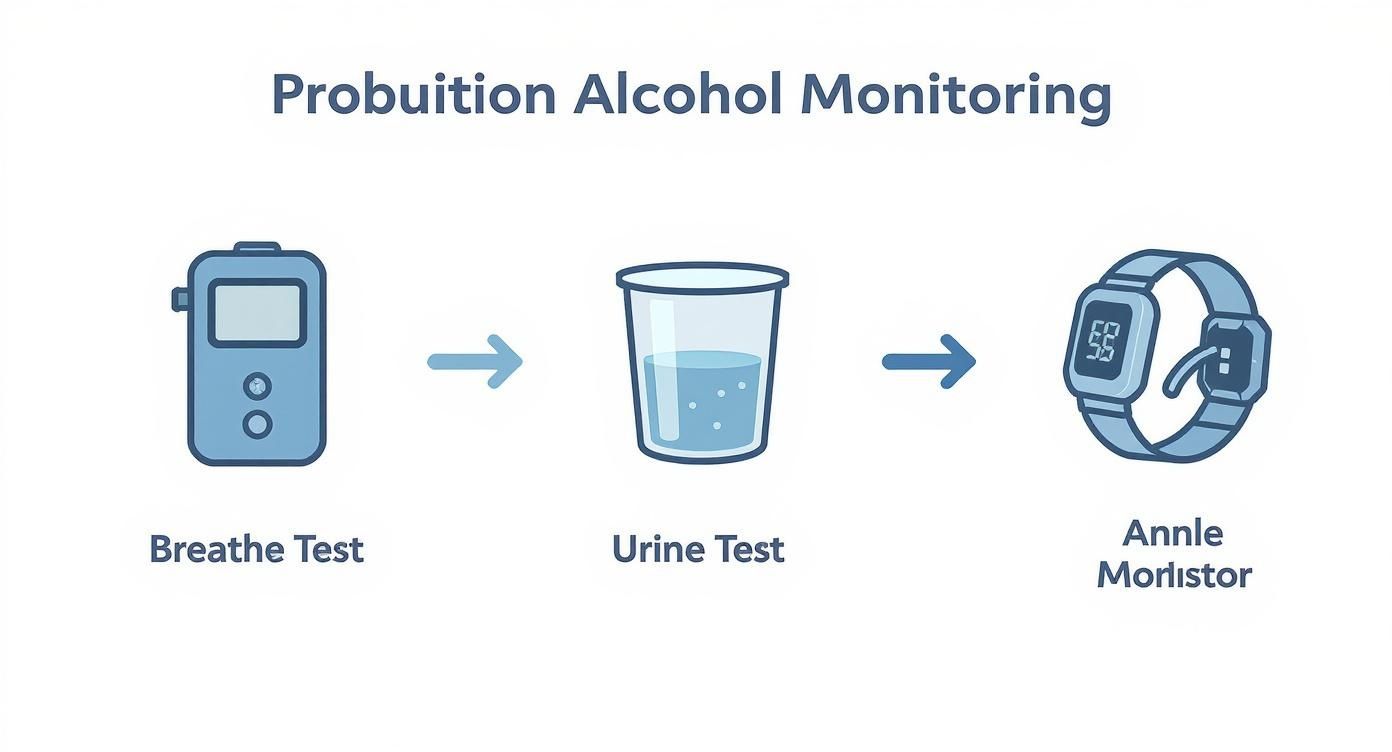 Infographic showing alcohol monitoring methods for probation: breath test, urine test, and ankle monitor.