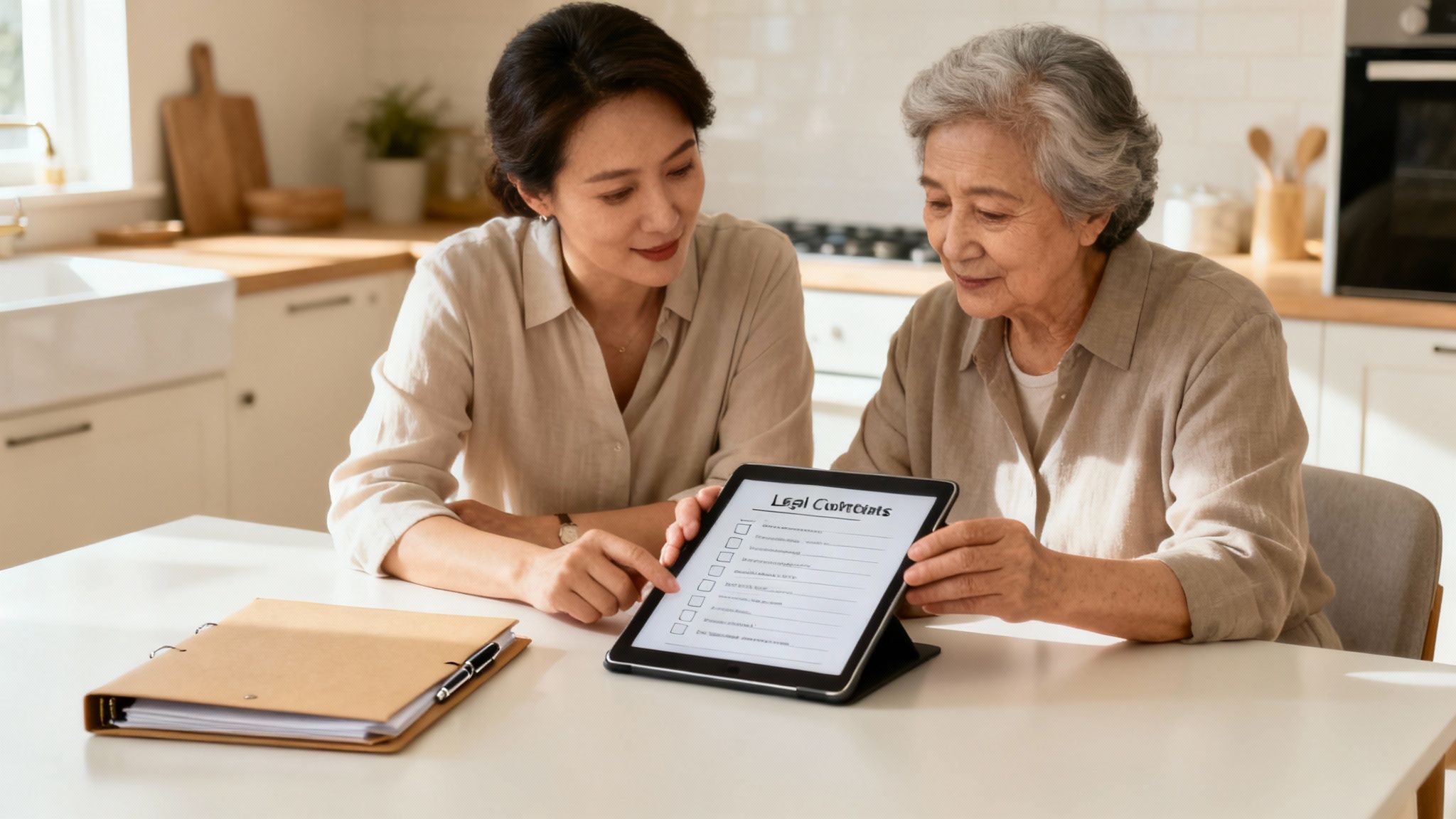 Woman assisting elderly parent with legal documents on a tablet, discussing guardianship options and decision-making in a bright kitchen setting.