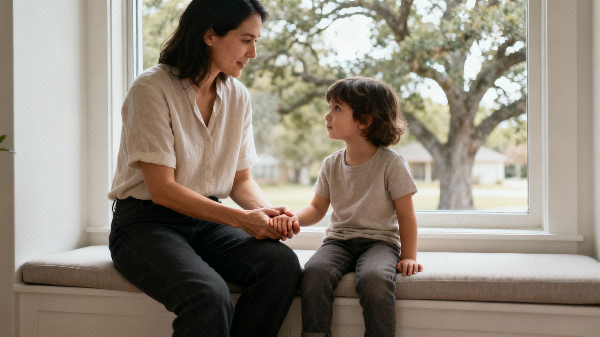 A mother and child share a loving moment, holding hands on a window seat.