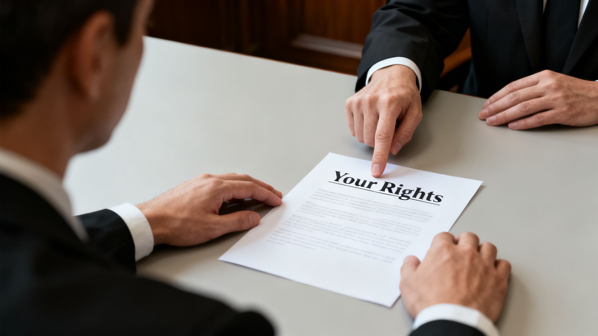 Two individuals in suits discussing a document titled 'Your Rights' on a table, one pointing to it.