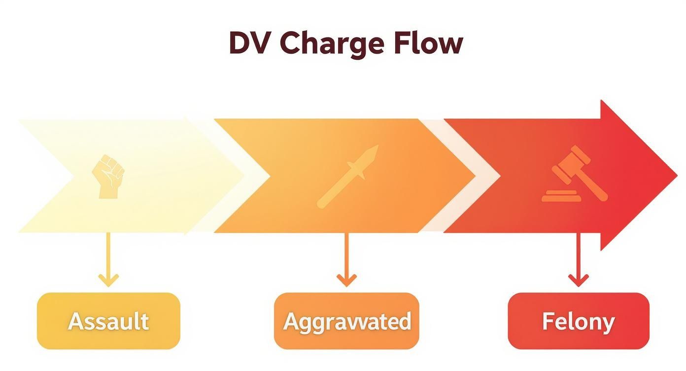 Infographic showing the escalation of domestic violence charges from assault to aggravated assault to felony.