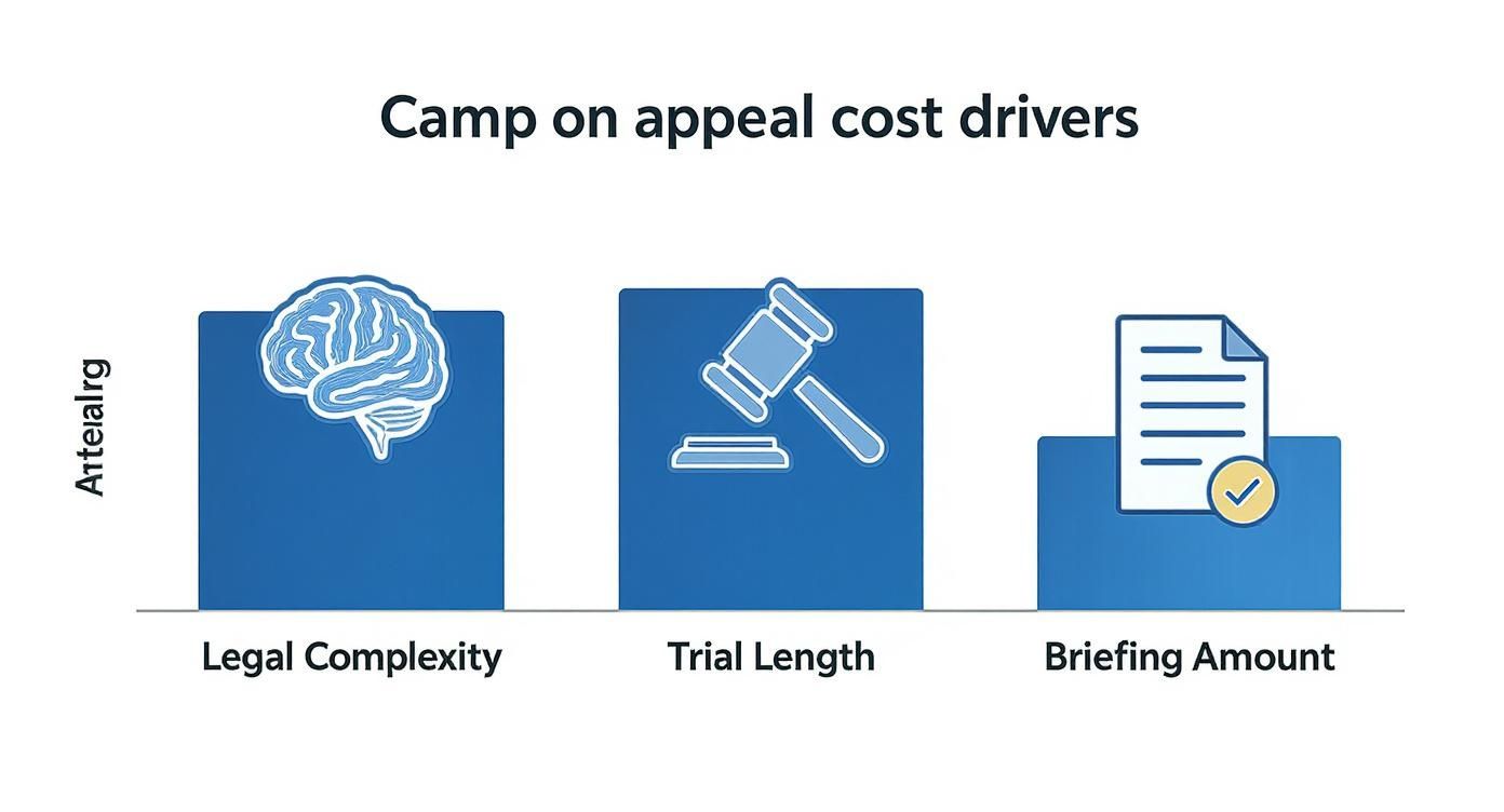 Chart illustrating three primary factors driving appeal costs: legal complexity, trial length, and briefing amount.