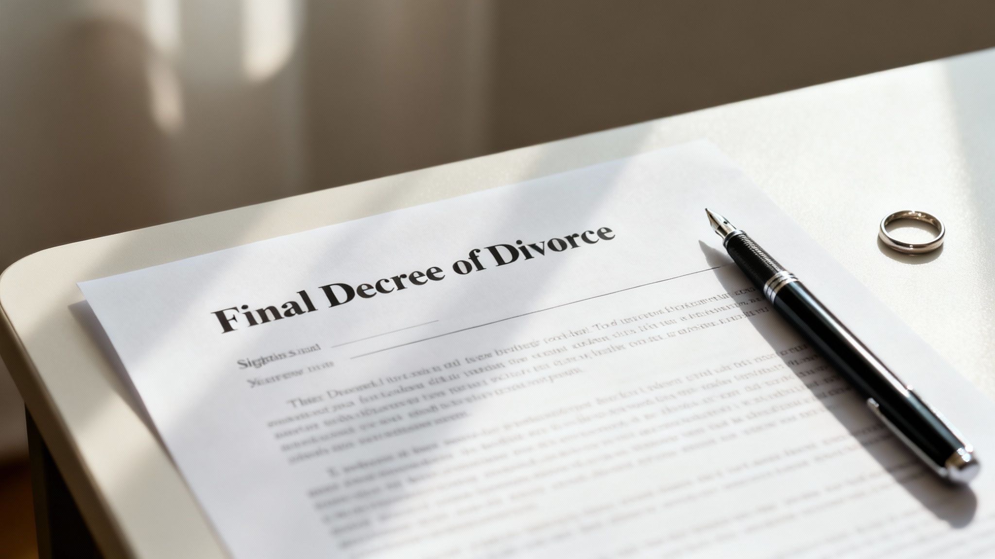 Close-up of a 'Final Decree of Divorce' document with a pen and wedding ring.