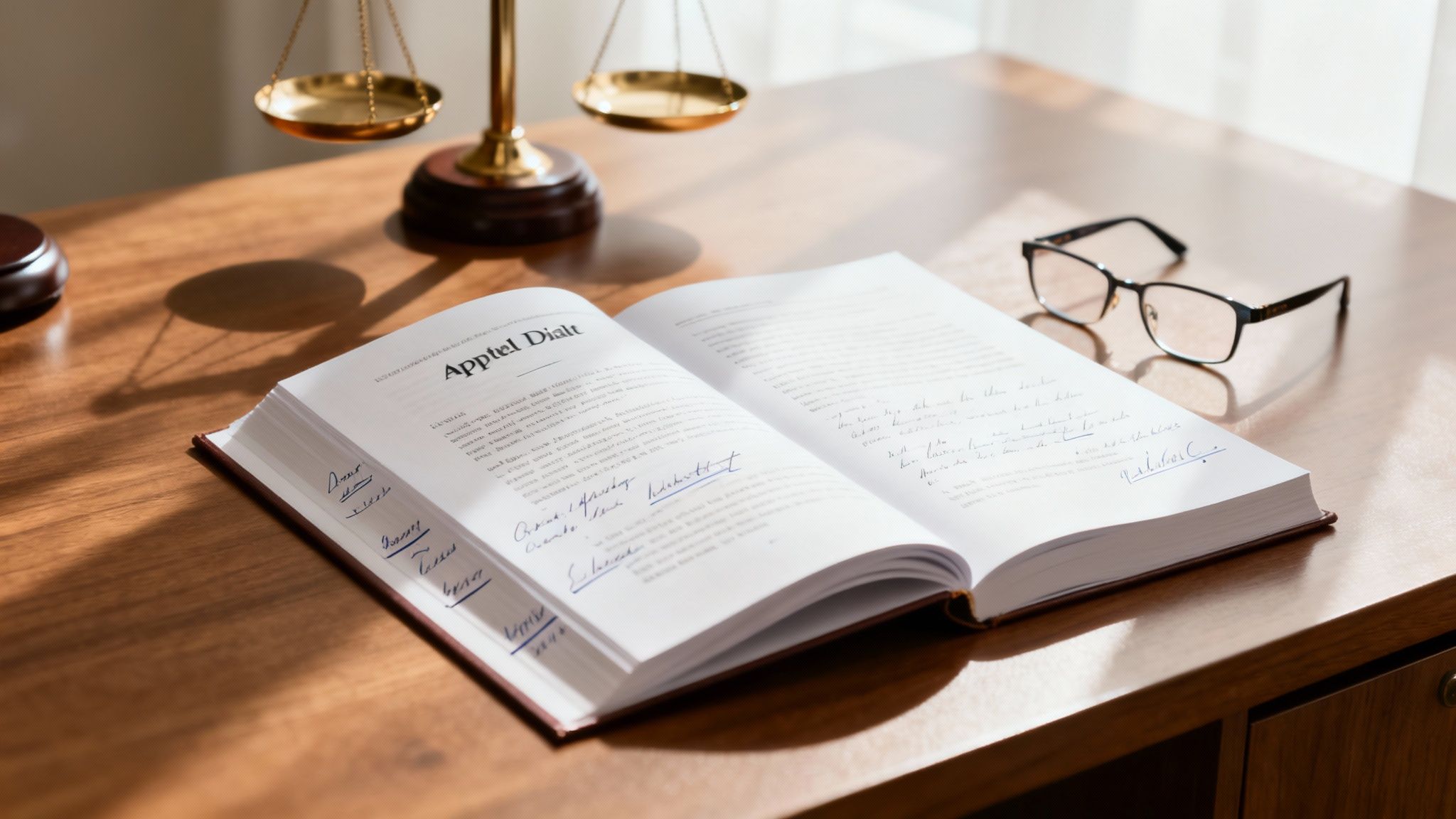 An open legal book with signatures, scales of justice, and eyeglasses on a wooden office desk.