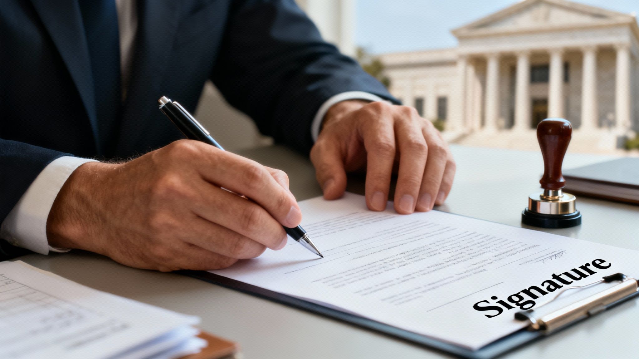 A person in a suit signs a legal document with a pen, with a court building in the background.