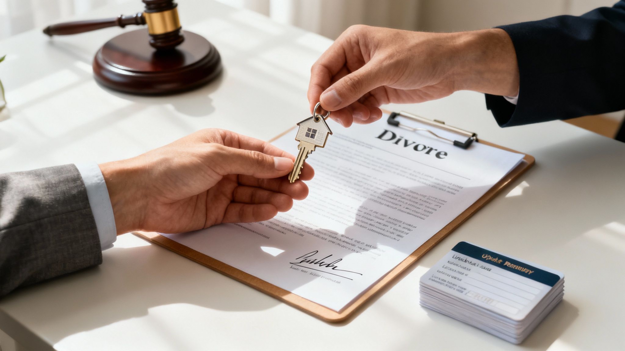 Una persona firmando documentos legales sobre una mesa de madera, simbolizando la finalización de un proceso de divorcio.