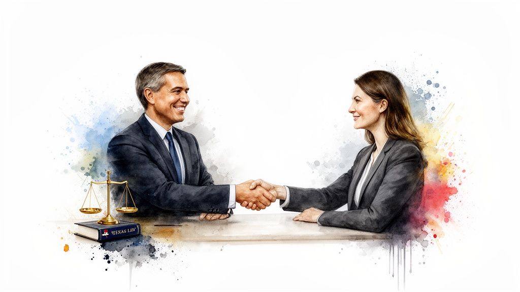 Legal handshake between a man and a woman, symbolizing partnership in estate planning, with a book titled "Texas Law" and scales of justice in the foreground, emphasizing local expertise in Humble, Texas.