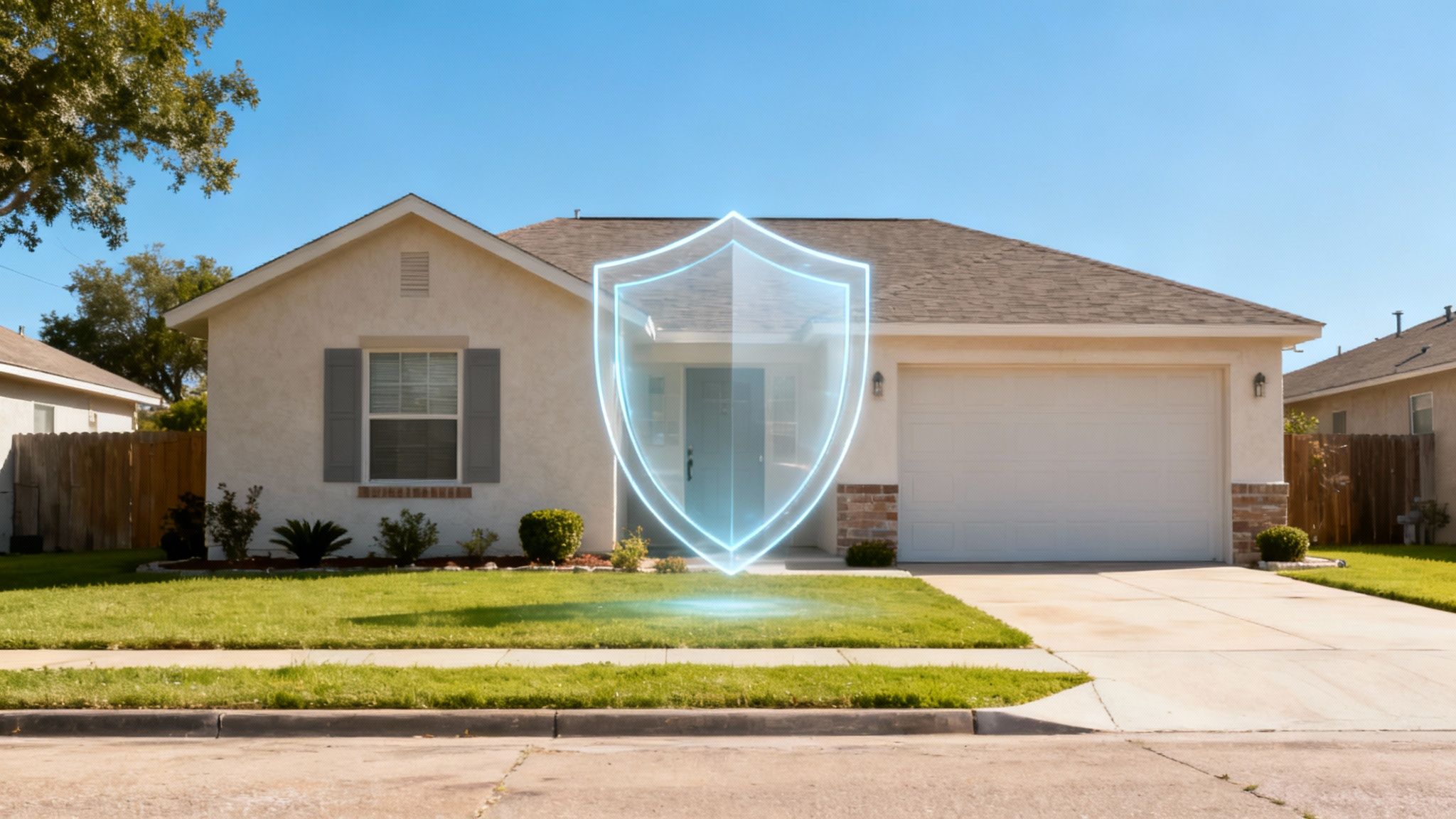 Casa suburbana protegida con escudo digital luminoso simbolizando seguridad de propiedad residencial