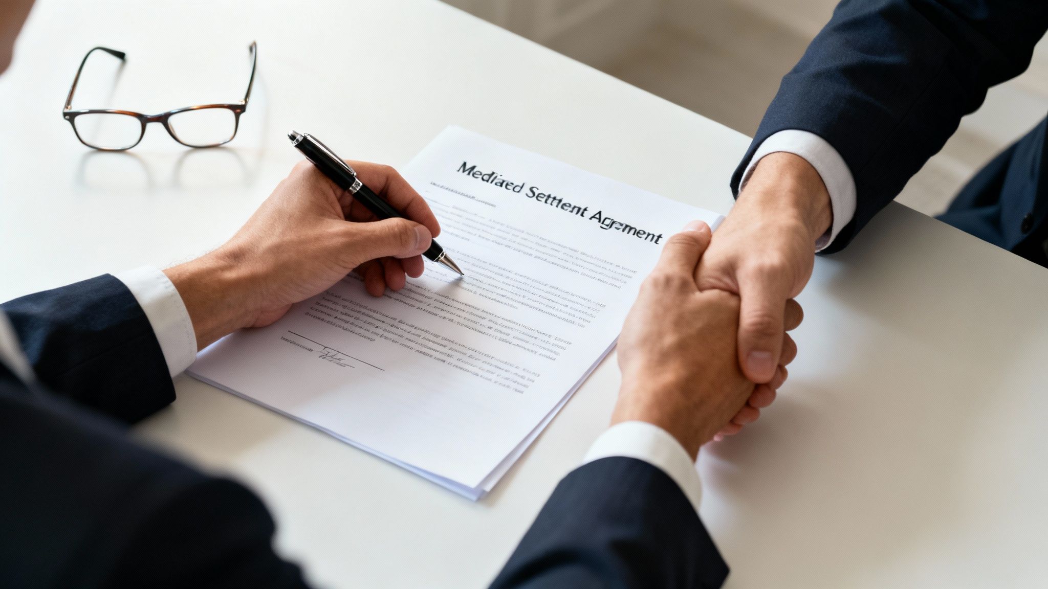 Two people shake hands and sign a mediated settlement agreement at a white table.