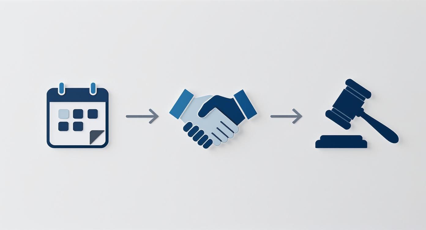 Icons of a calendar, handshake, and gavel showing a legal process progression.