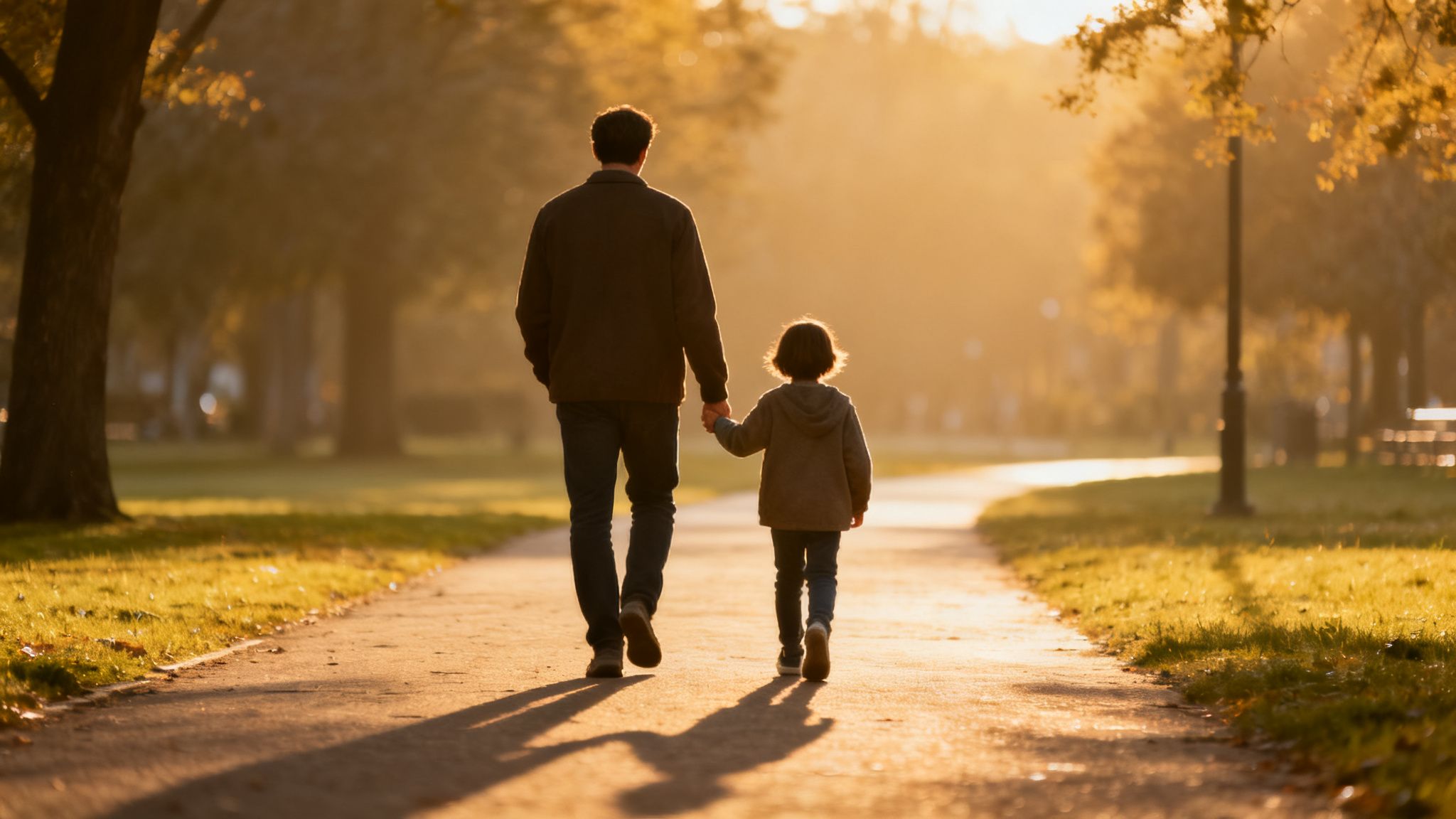 A father and young child walk hand-in-hand on a sunlit park path at golden hour.