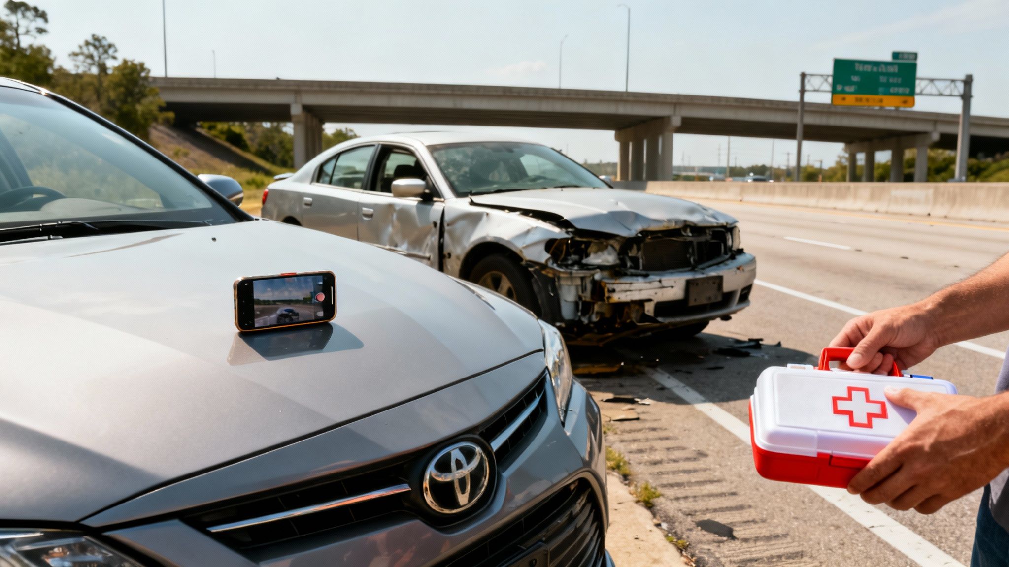 Two damaged cars on a highway after an accident, with a phone recording and a first aid kit.