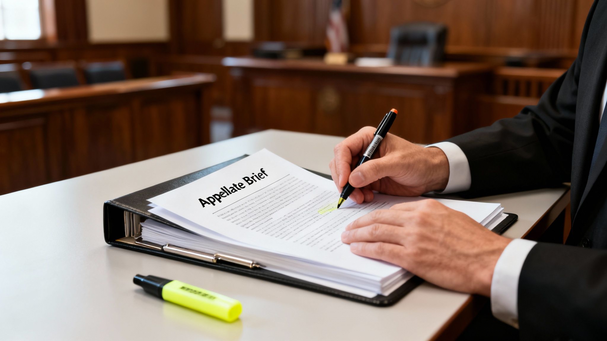 Attorney preparing an appellate brief in a courtroom, highlighting key points on legal documents, emphasizing the importance of persuasive arguments in family law appeals.